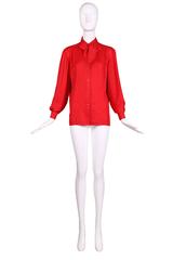 1970s Hermes Red Silk Bee "Abeille" Pattern Blouse w/Neck Ties