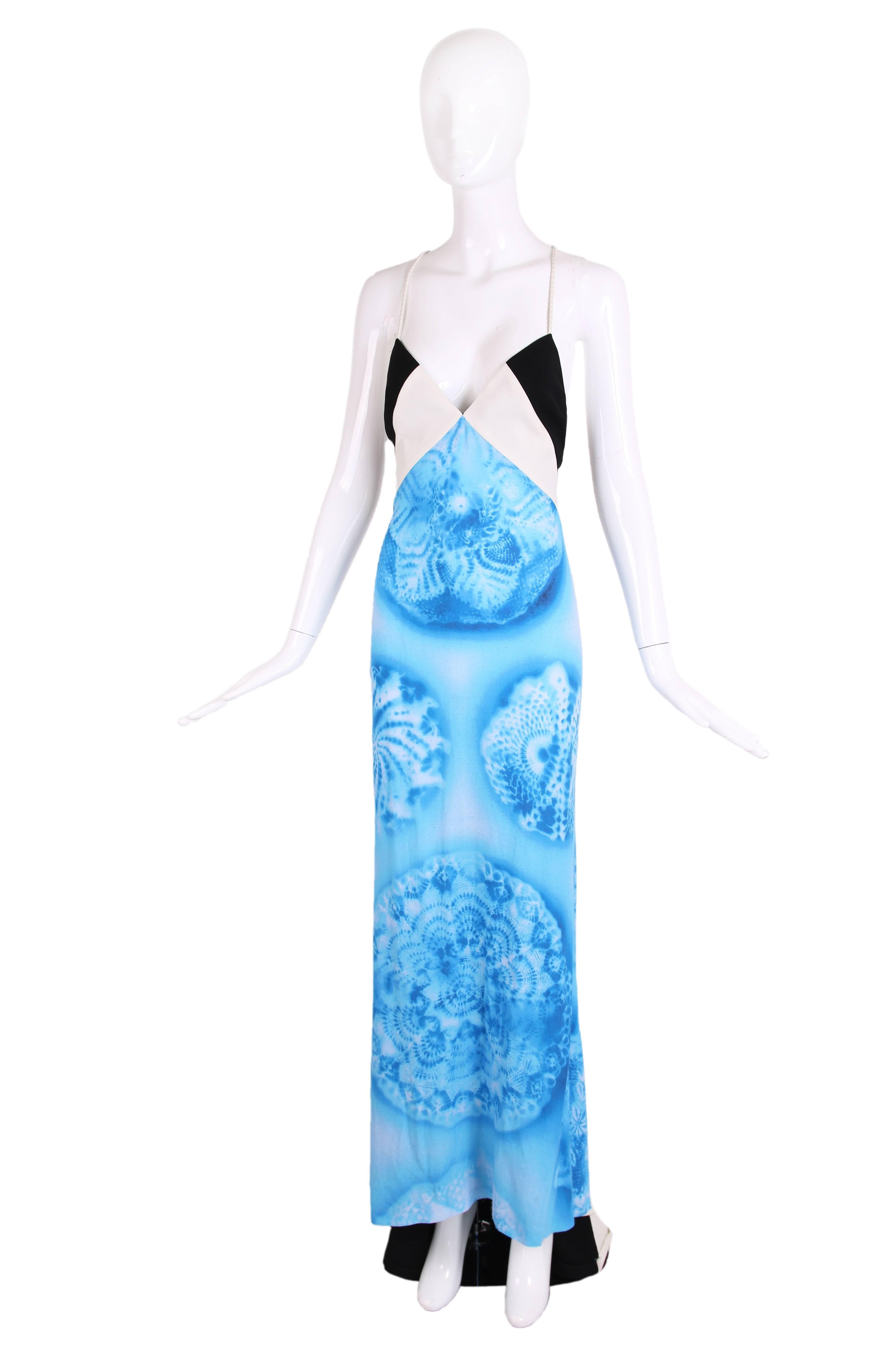 2008 Jean Paul Gaultier deep v-neck blue ombre batik spaghetti strap gown in crepe with black and white color block back culminating in a train. Zipper closure up back. In excellent condition with some minor pilling to some areas of the blue batik