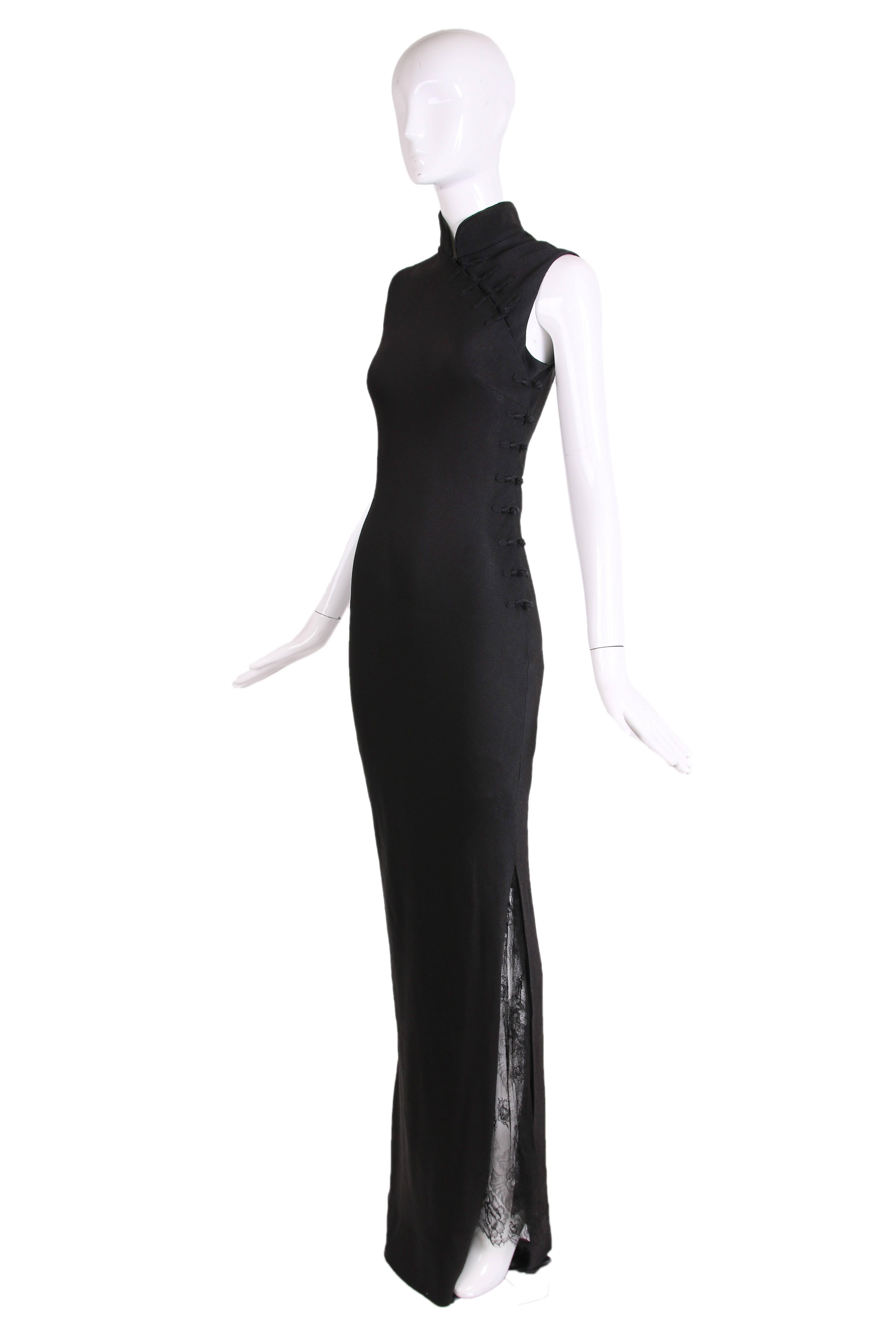 Dior by Galliano black bias-cut sleeveless evening gown w/Asian inspired collar and closures. No fabric tag but feels like a silk or silk blend. There is a dramatic side slit which has a lace inset. In excellent condition. No size tag, please see