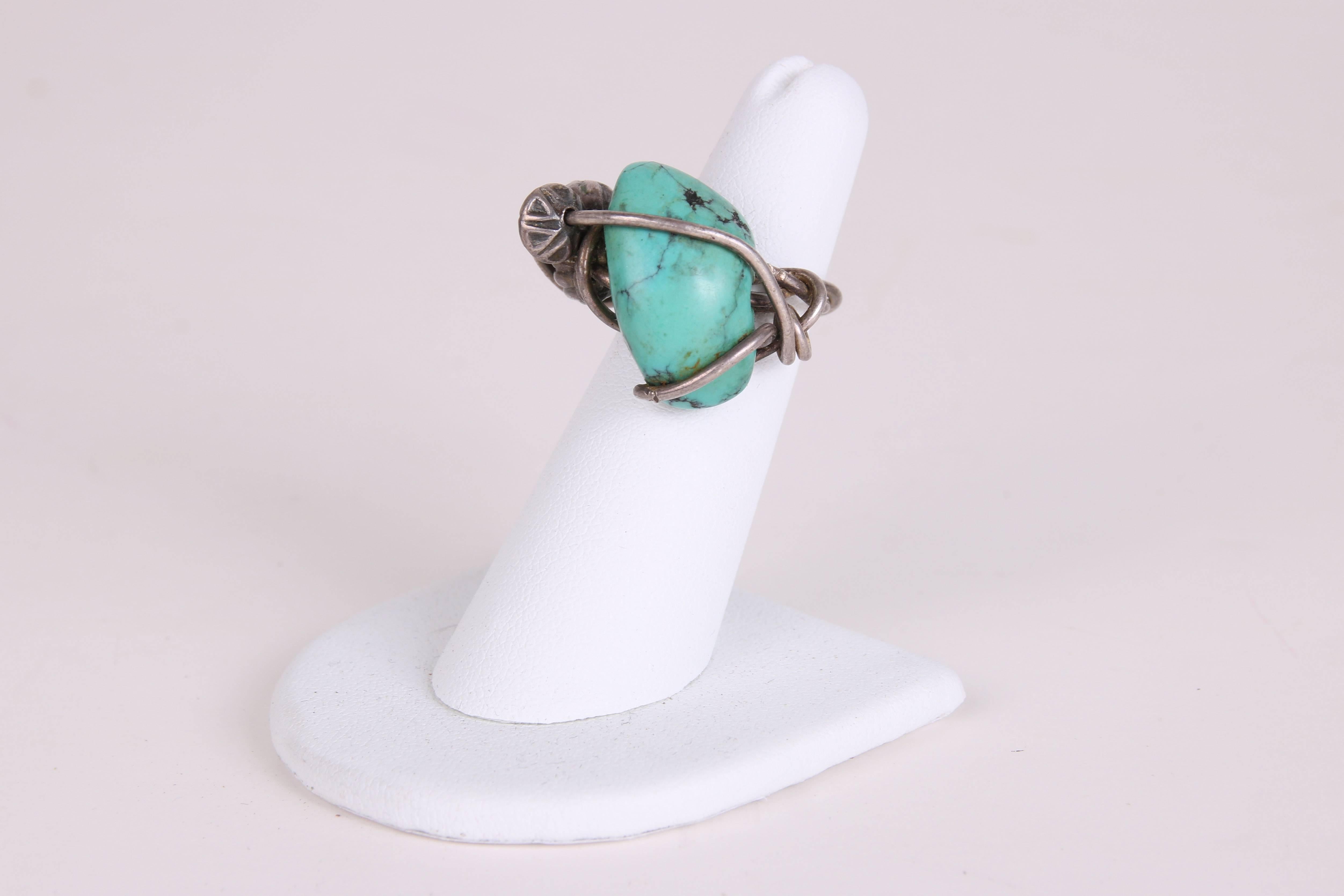 Kazuko sterling silver wire wrapped turquoise and sterling silver bead ring. In excellent condition. Approximately a size 5.