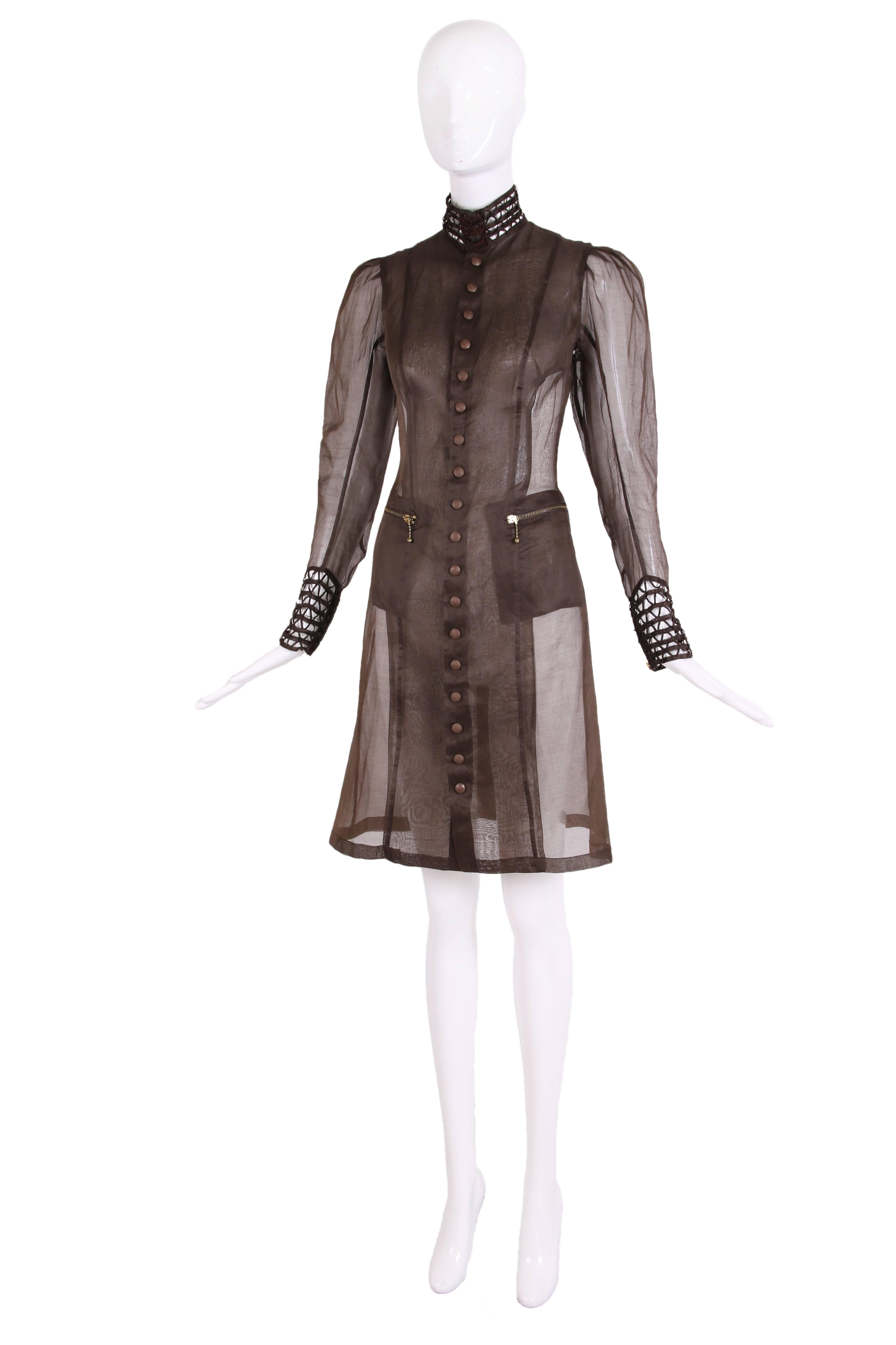 Jean Paul Gaultier sheer brown silk gazar Victorian-inspired  coat. This coat has a high lace collar with large hook and eye closures and matching lace 5.5" cuffs with zipper closures. There are 18 covered snaps at center front and small