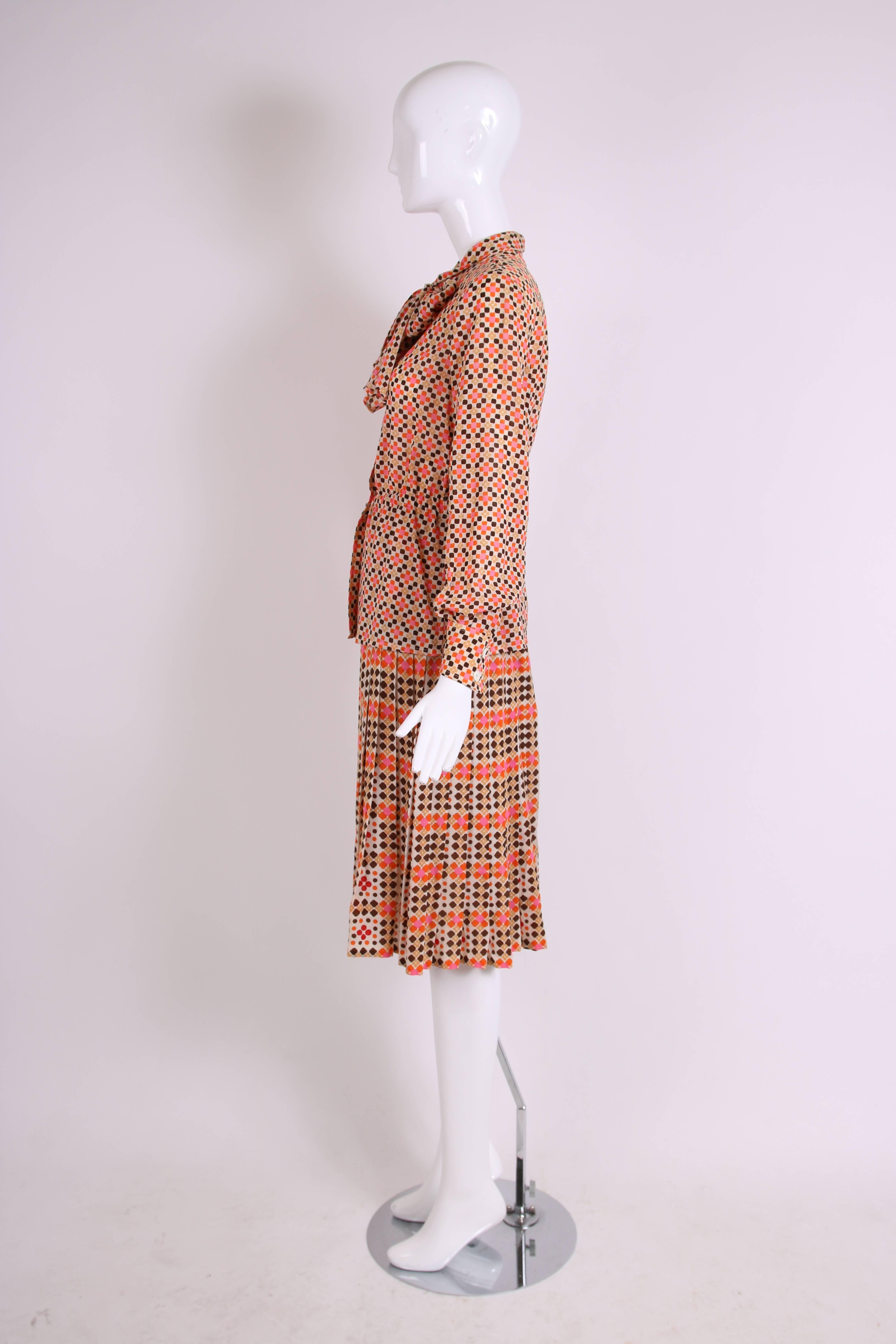 1970's Emanuel Ungaro Geometric Print Two-Piece Blouse & Pleated Skirt Set In Excellent Condition In Studio City, CA