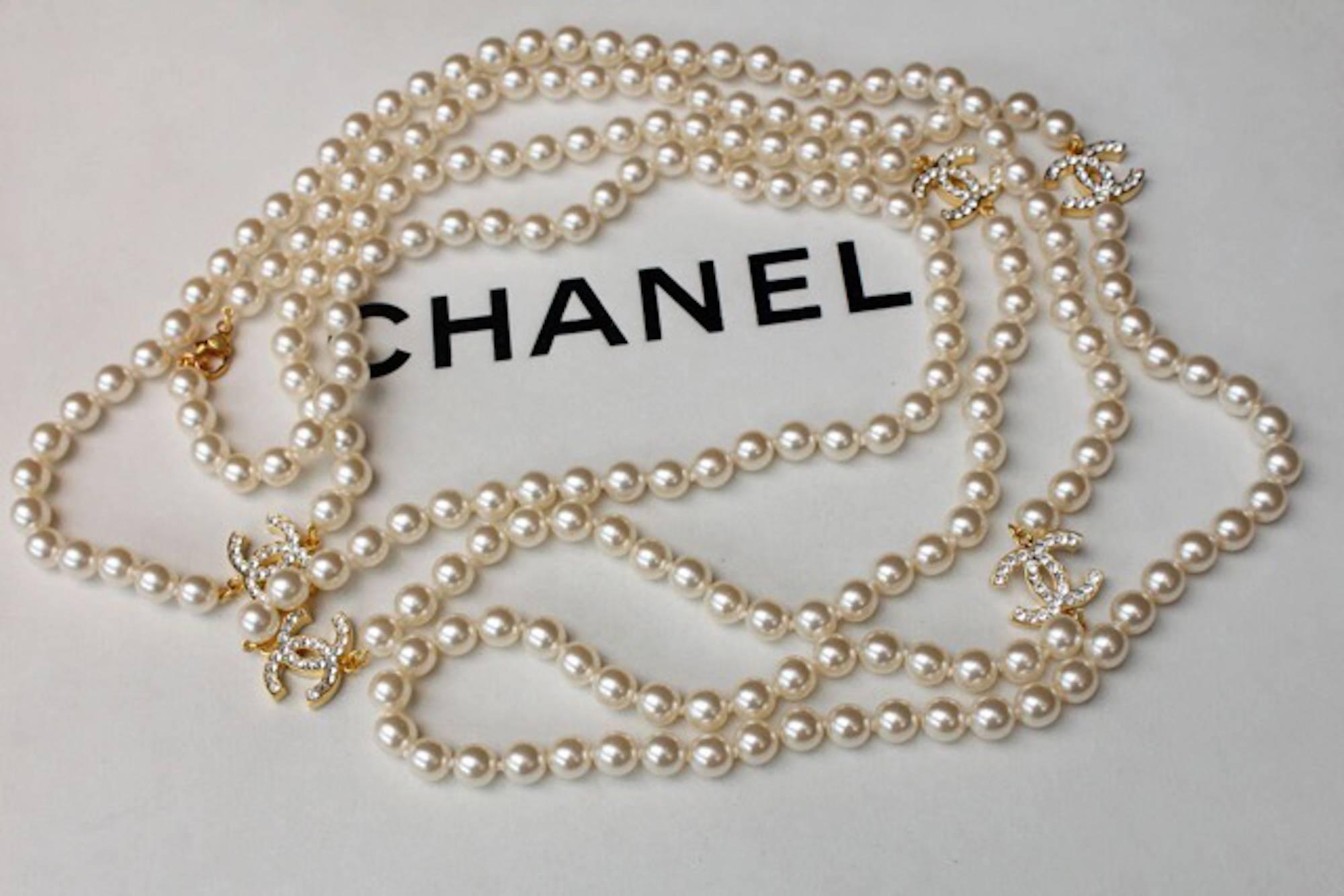 Women's 2001 Chanel Pearl Sautoir Necklace Gold Tone CC Logos Encrusted w/Crystals