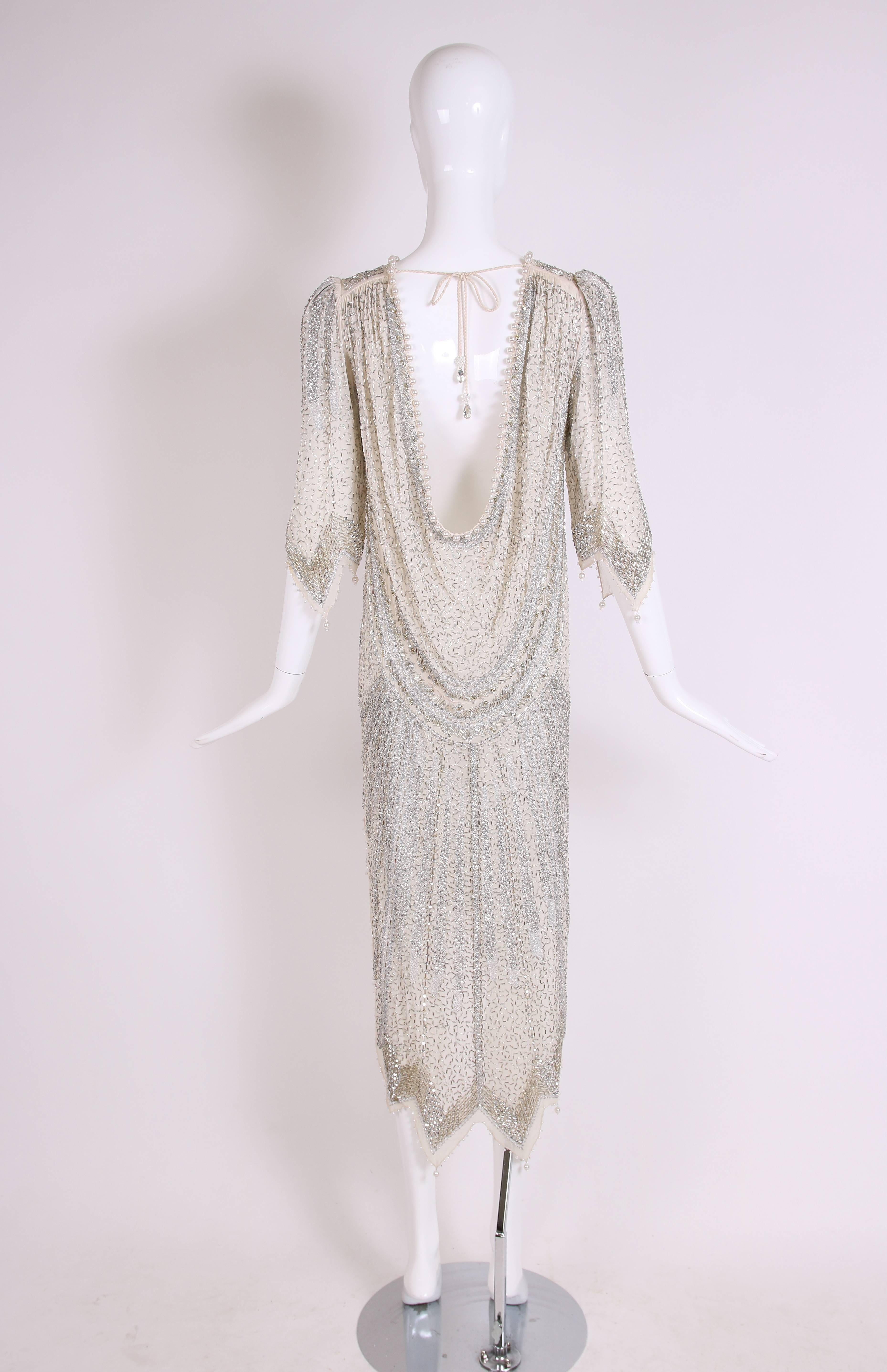 Gray Vintage Zandra Rhodes Beaded & Sequined Evening Cocktail Dress w/Open Back 
