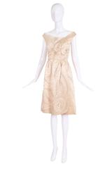 Ceil Chapman Champagne-Colored Satin Beaded Cocktail Dress Ca. 1965