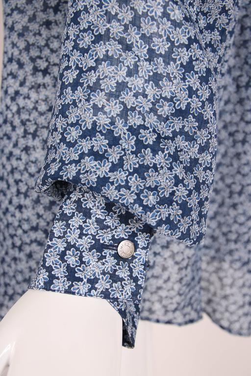 Hermes Men's Blue Linen Collared Button Down Long Sleeve Floral Print ...