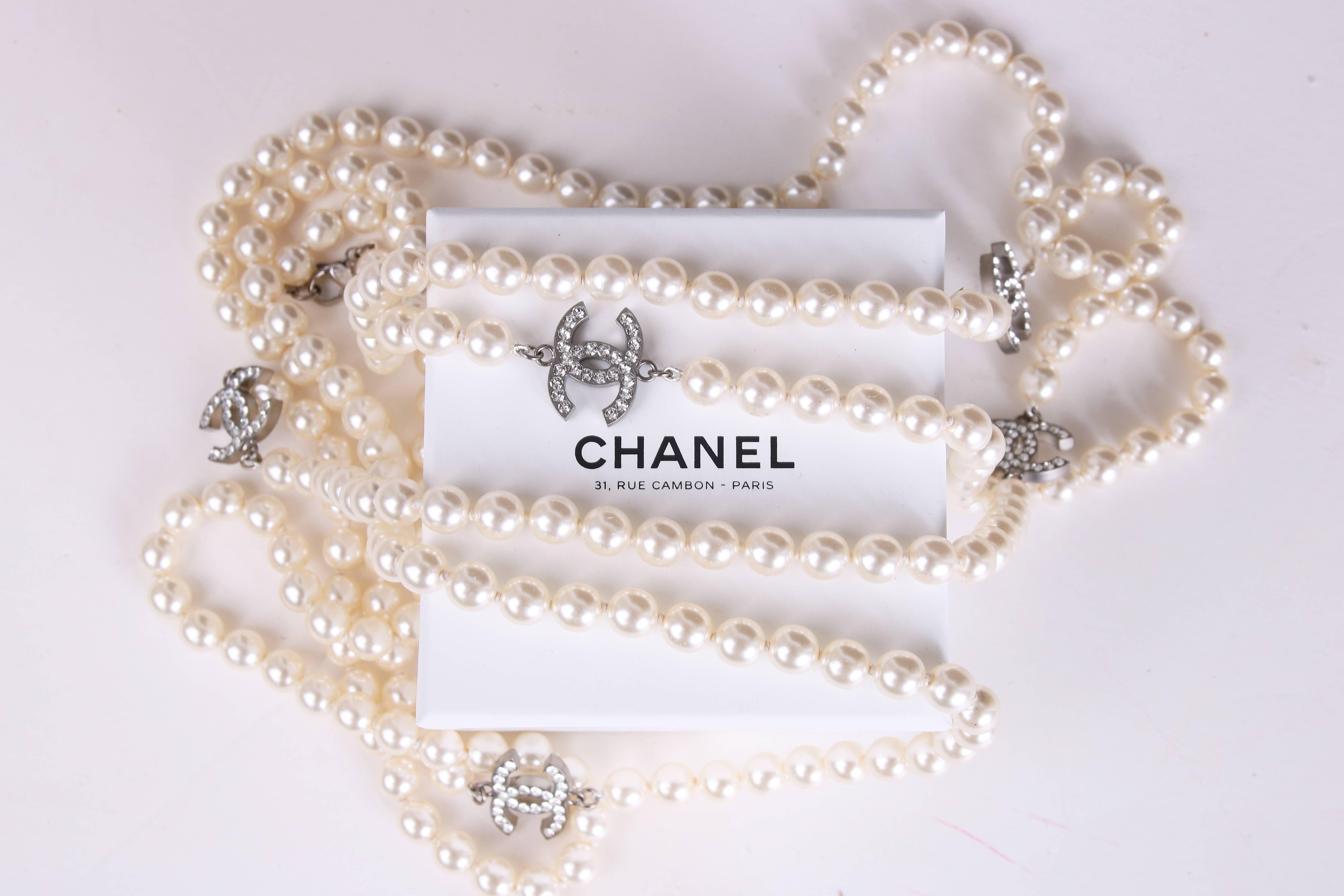 Women's 2001 Chanel Pearl Sautoir Necklace W/Silver Tone CC Logos Encrusted w/Crystals