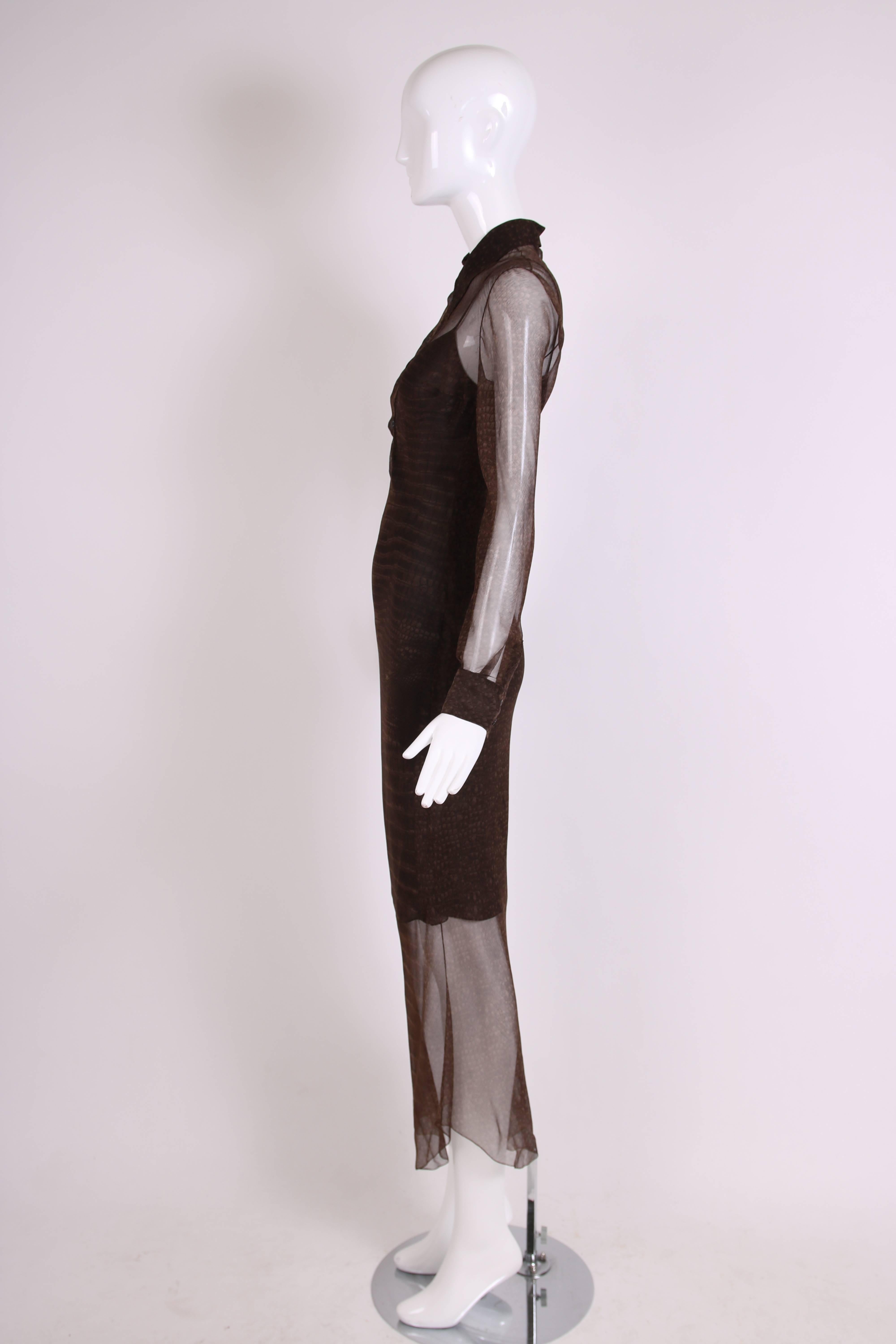 Noir John Galliano - Robe transparente en mousseline de soie marron à imprimé serpent en vente
