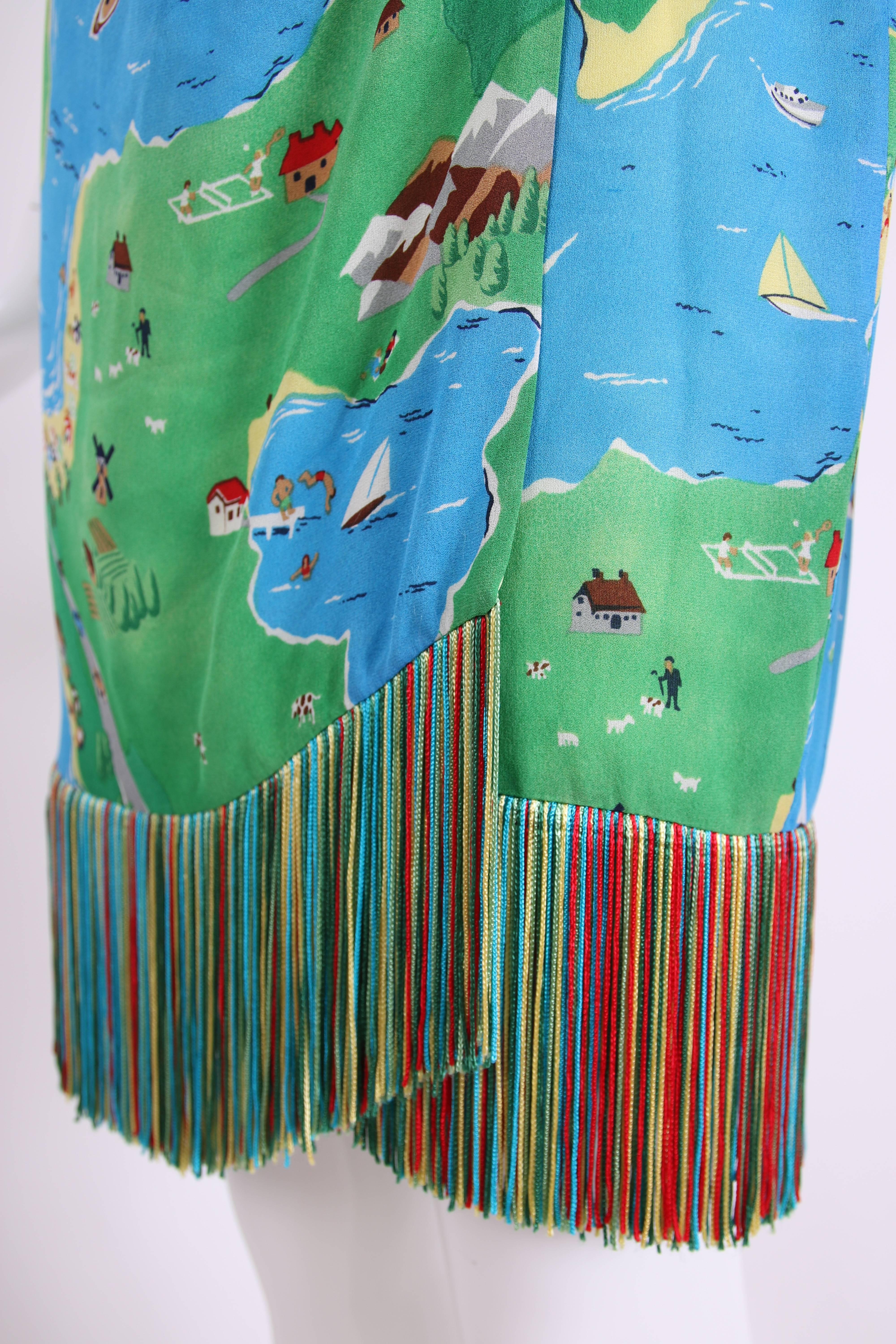 1992 S/S Perry Ellis by Marc Jacobs Novelty Print Silk Wrap Skirt w/Fringe In Excellent Condition In Studio City, CA