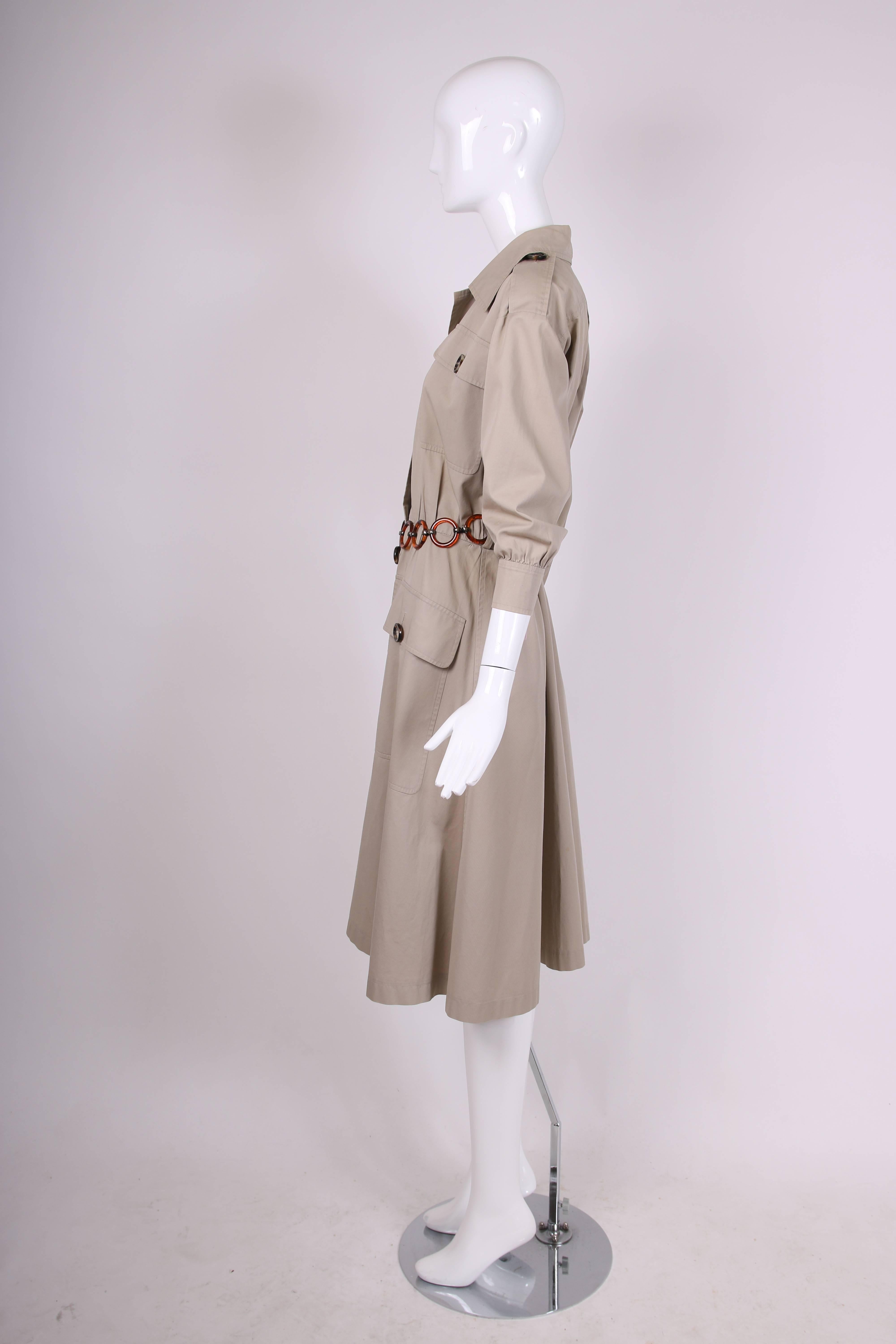 Iconic 1970's Yves Saint Laurent YSL Tan Safari Coat Dress w/Circle Belt In Good Condition In Studio City, CA