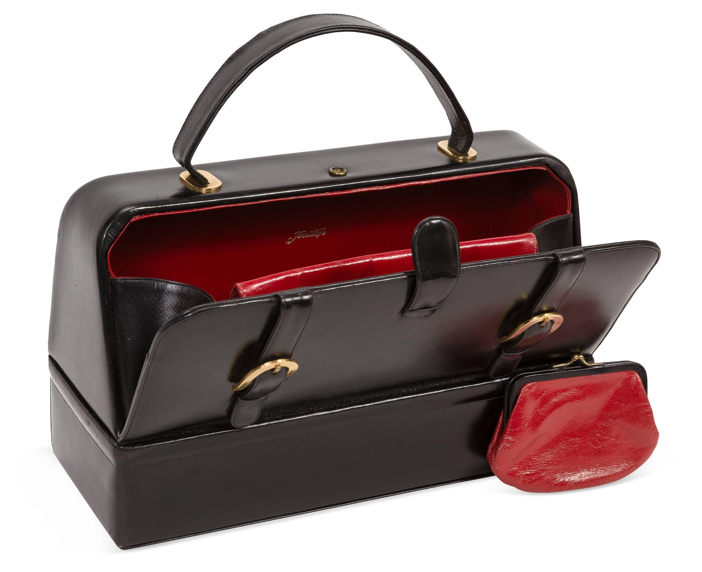 Black 1960's Prestige Leather Box Bag w/Buckle Motif, Top Handle & Red Interior