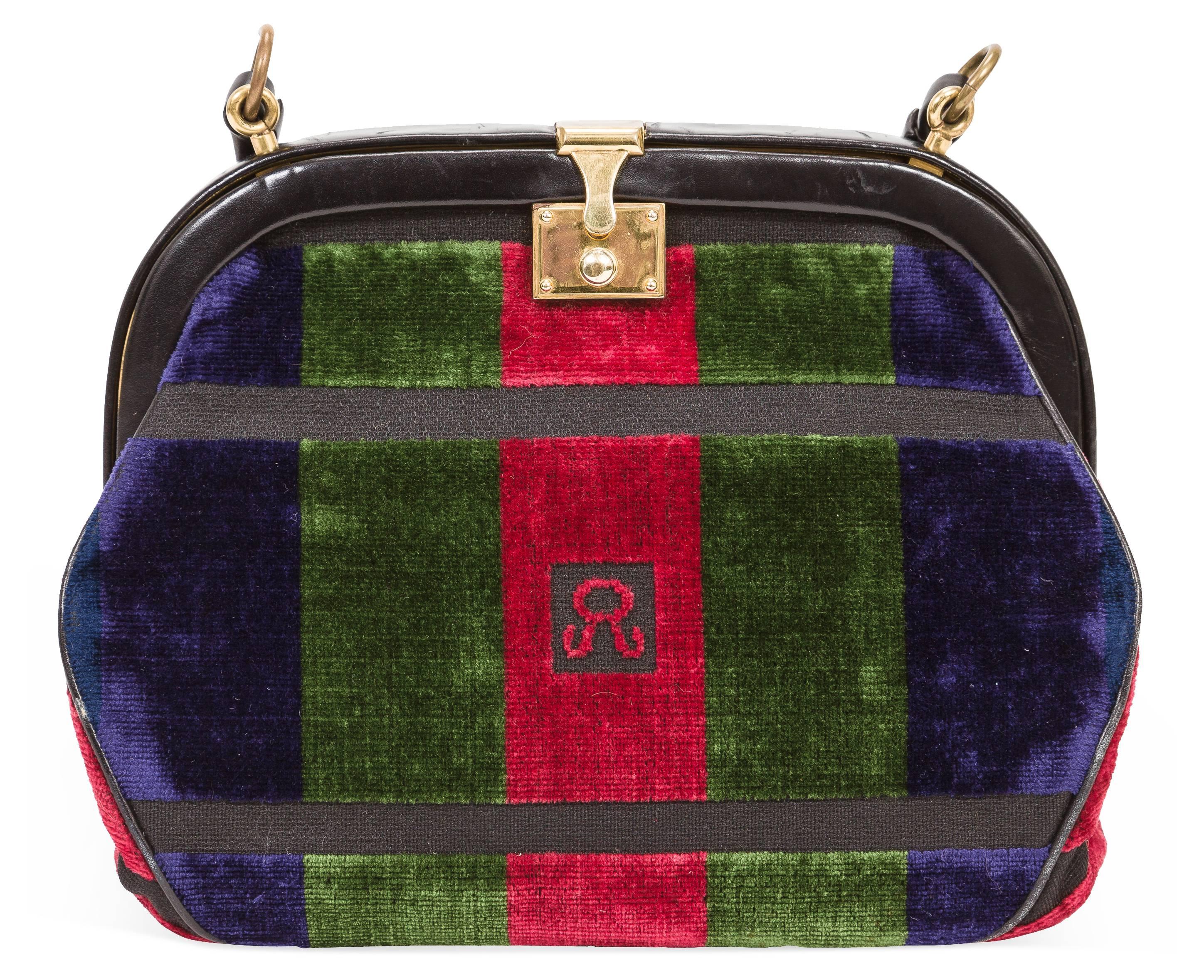 1970's Roberta di Camerino blue, green and red velvet mini carpet bag or leather trimmed gold frame purse with black leather handle and black leather interior featuring a zippered wall pocket. There are two stamps, "Roberta di Camerino" on