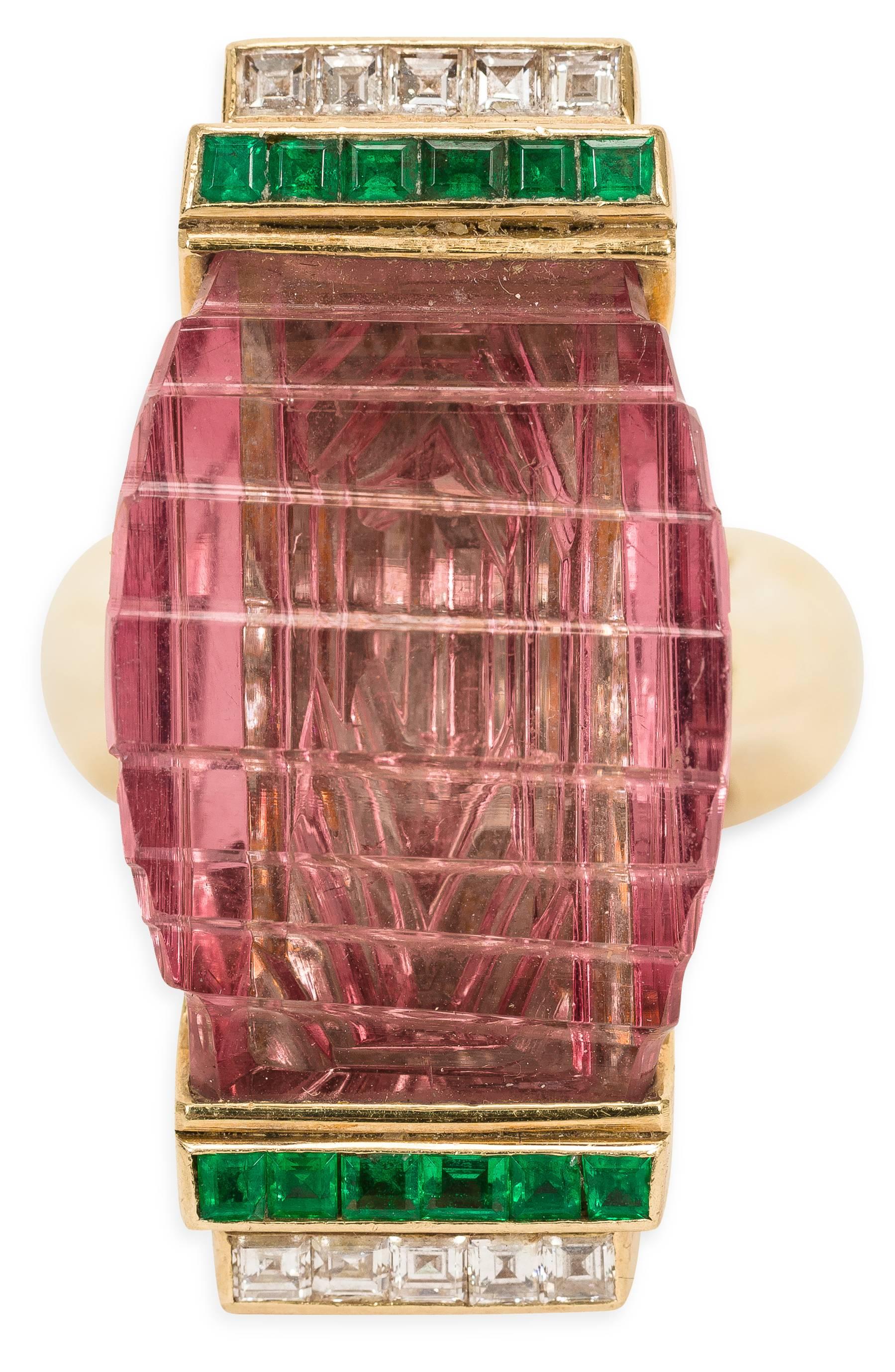 Women's Modern 18k Pink Tourmaline, Diamond and Emerald Step Ring For Sale
