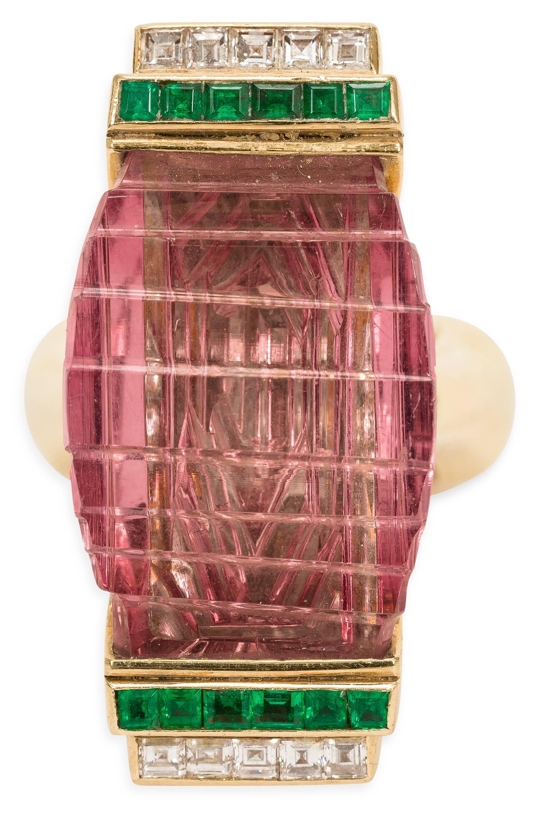 Moderner moderner Step-Ring aus 18 Karat rosa Turmalin, Diamant und Smaragd Damen im Angebot