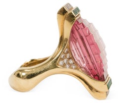 Modern 18k Pink Tourmaline, Diamond and Emerald Step Ring