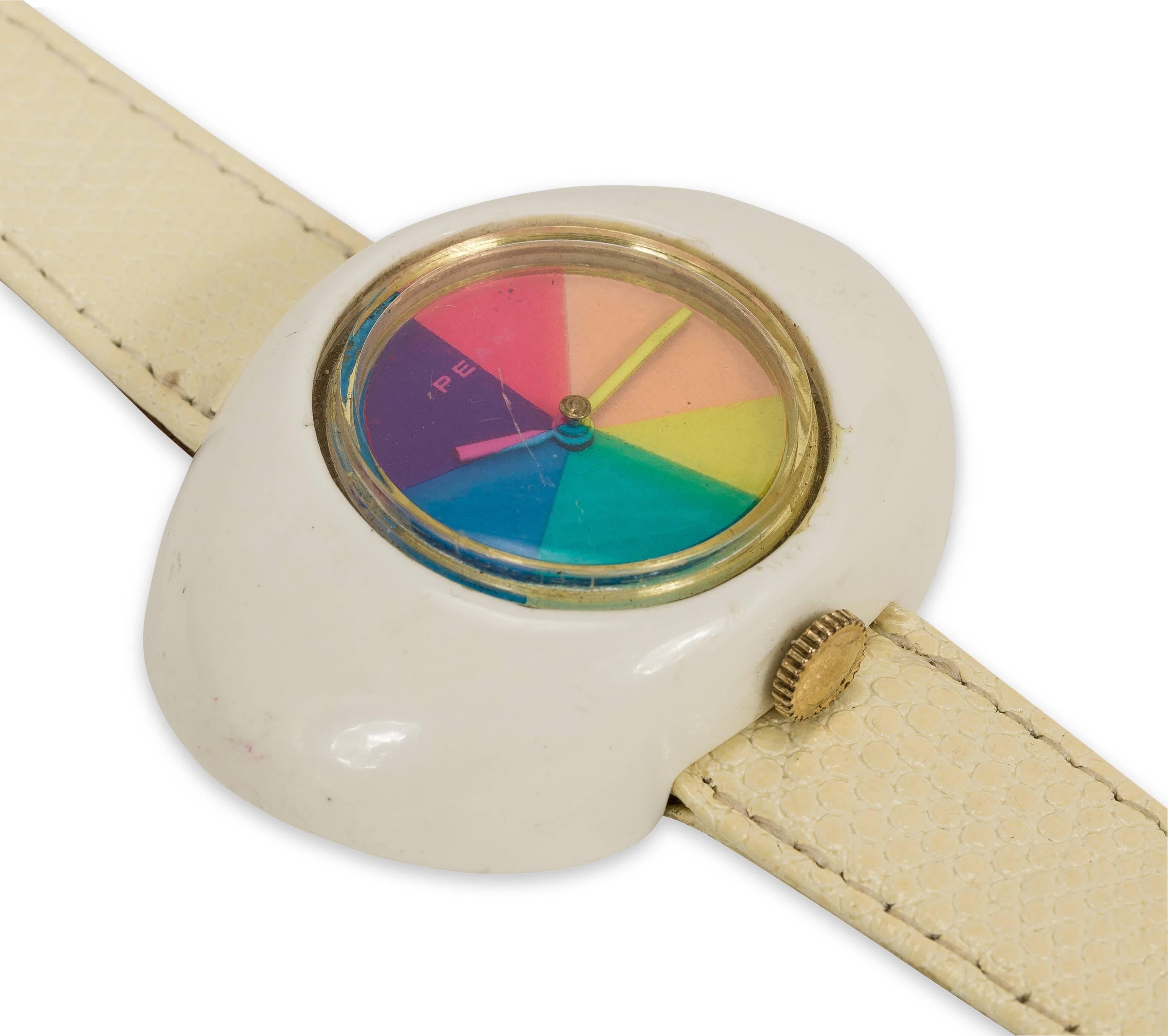 1970's Peam Oval Watch w/Multi-Colored Psychedelic Face, Dial & Leather Band In Excellent Condition In Studio City, CA
