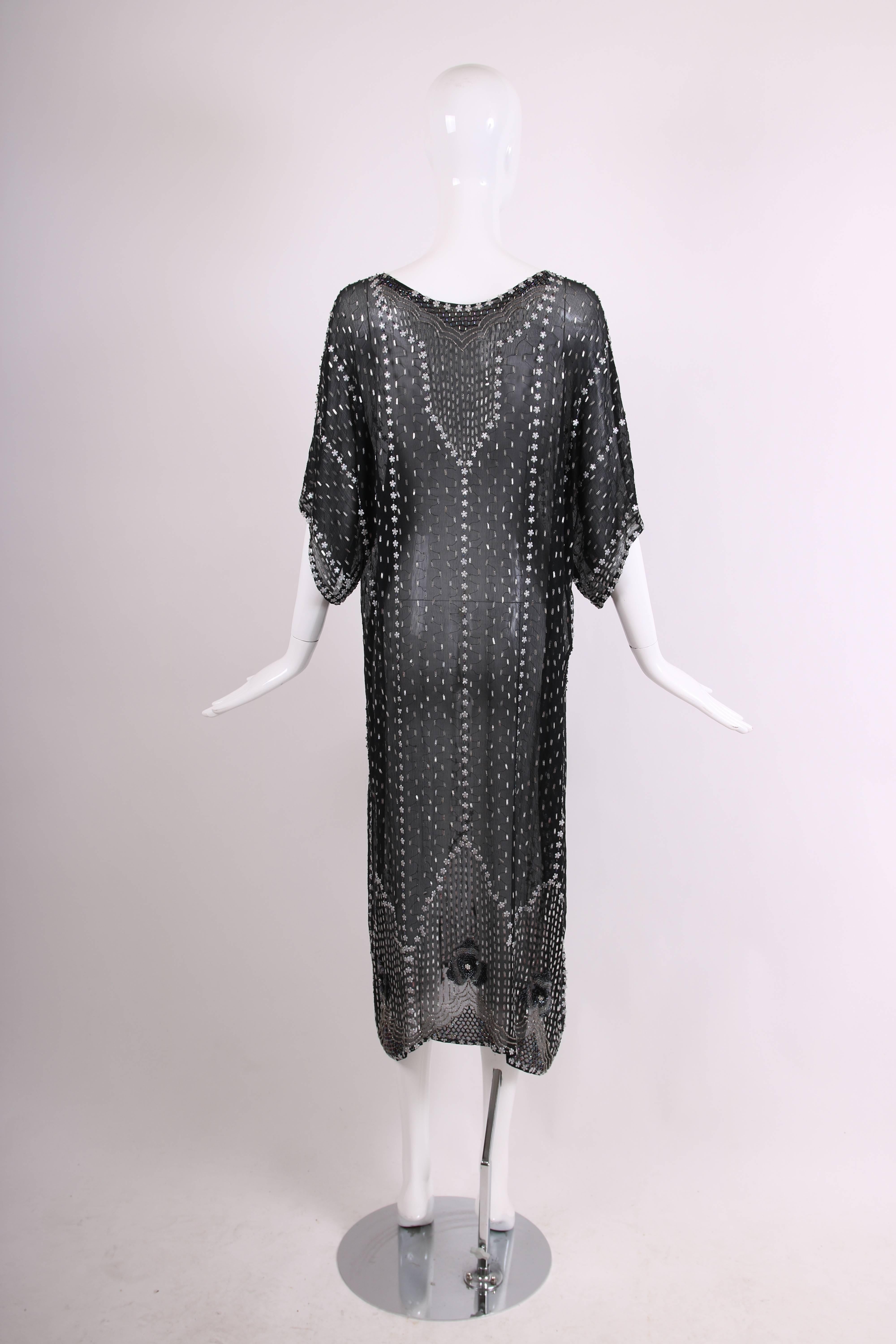 Vintage Black Silk Sheer Dress Caftan w/Beading & Appliques 1