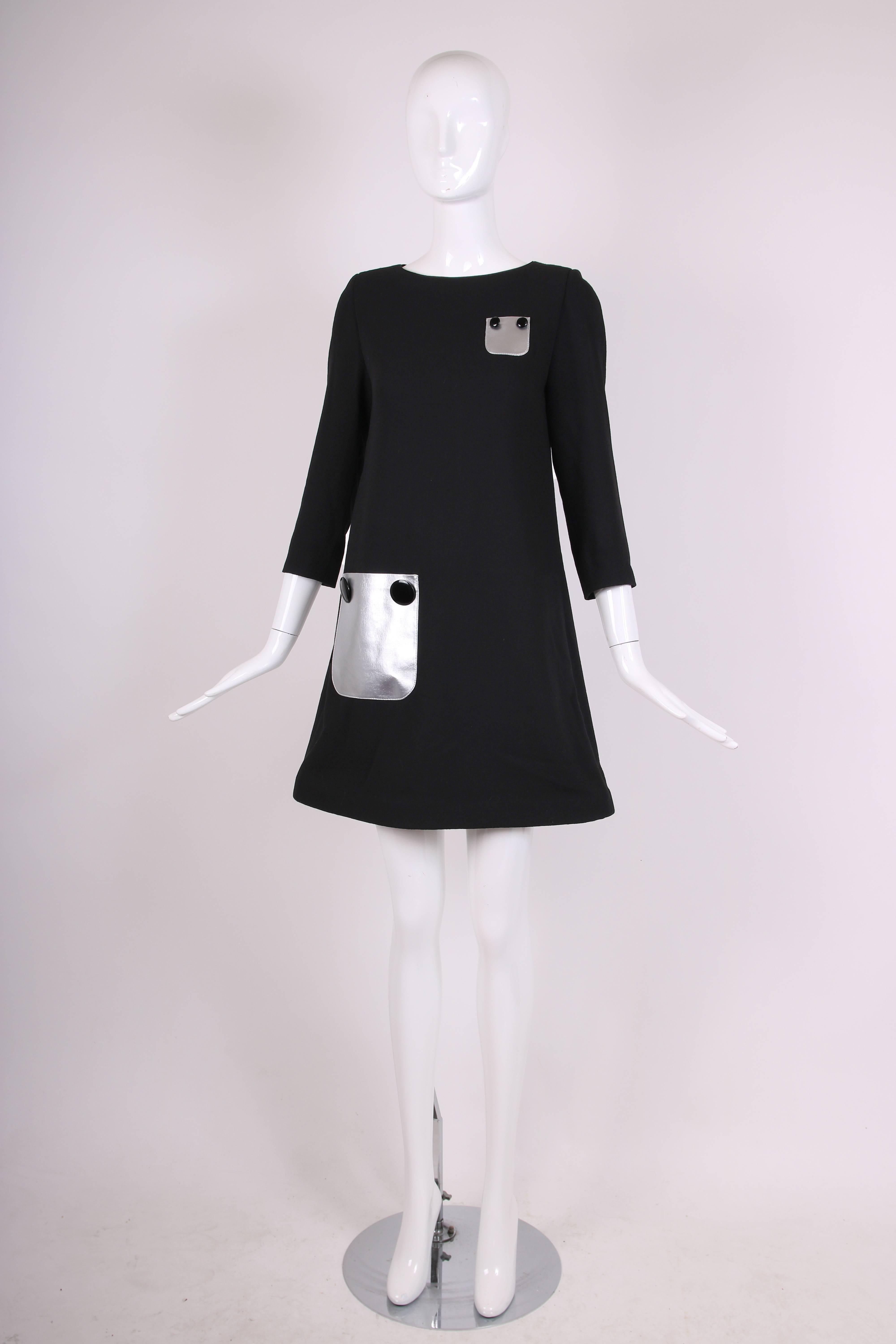 Pierre Cardin Haute Couture Mod Black Cocktail Dress w/Silver Pleather Pockets In Excellent Condition In Studio City, CA