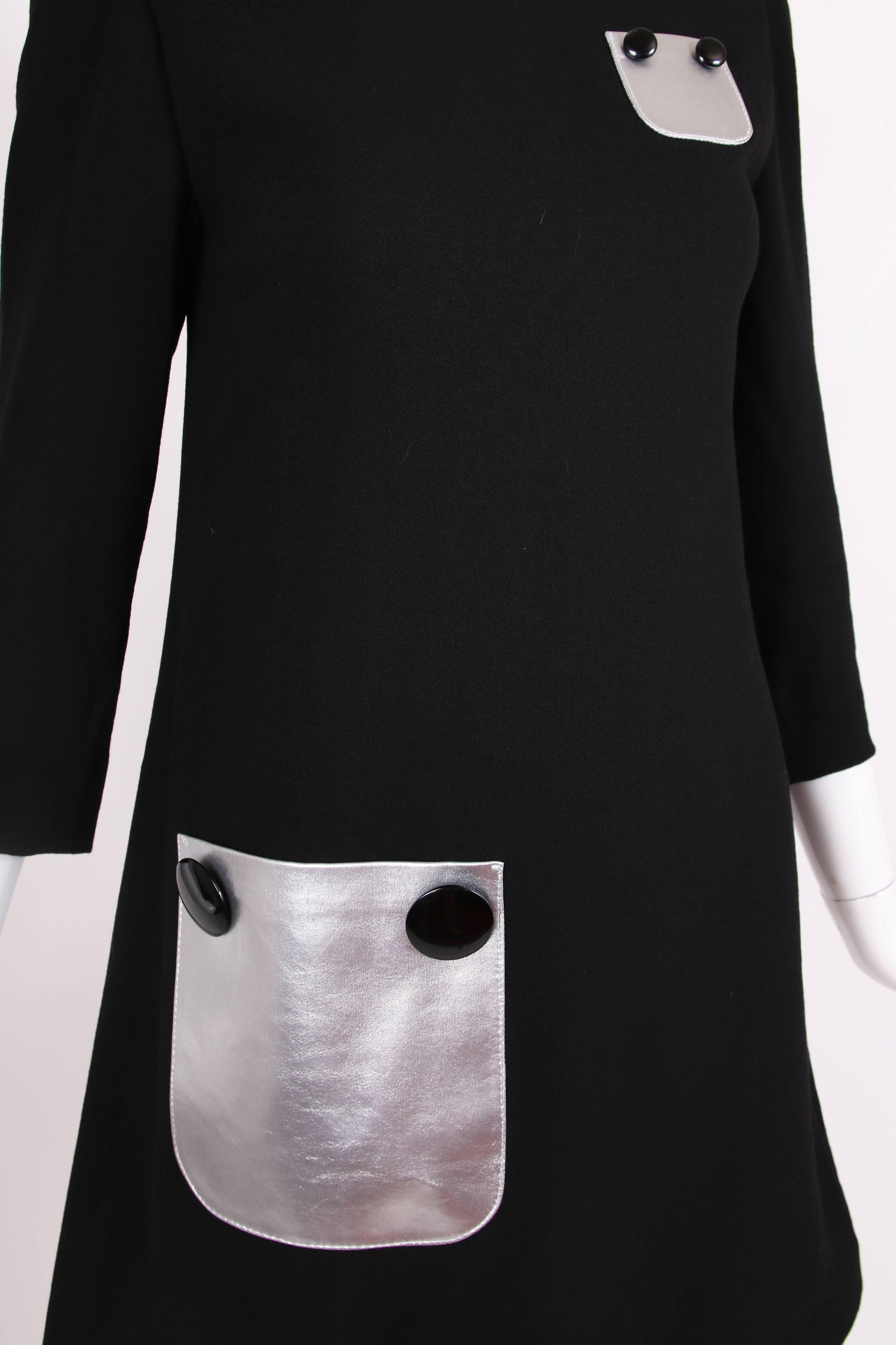 Pierre Cardin Haute Couture Mod Black Cocktail Dress w/Silver Pleather Pockets 2