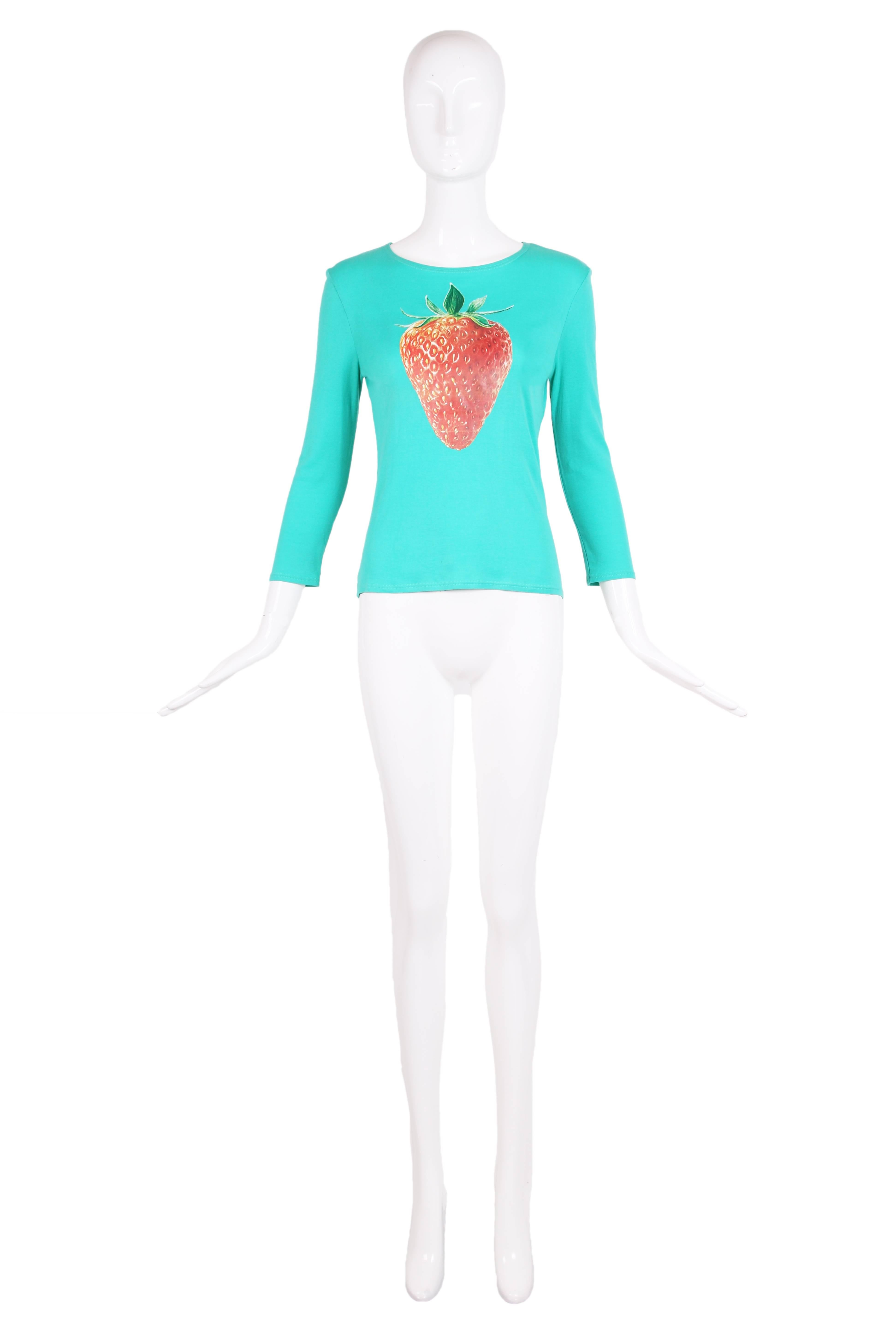 Iconic and collectible Chloe from the Stella McCartney-era strawberry graphic long sleeved 100% cotton t-shirt with a scooped neck. Sleeves are a little bit longer than a 3/4 length. In excellent condition, size tag S. 
MEASUREMENTS:
Shoulders -