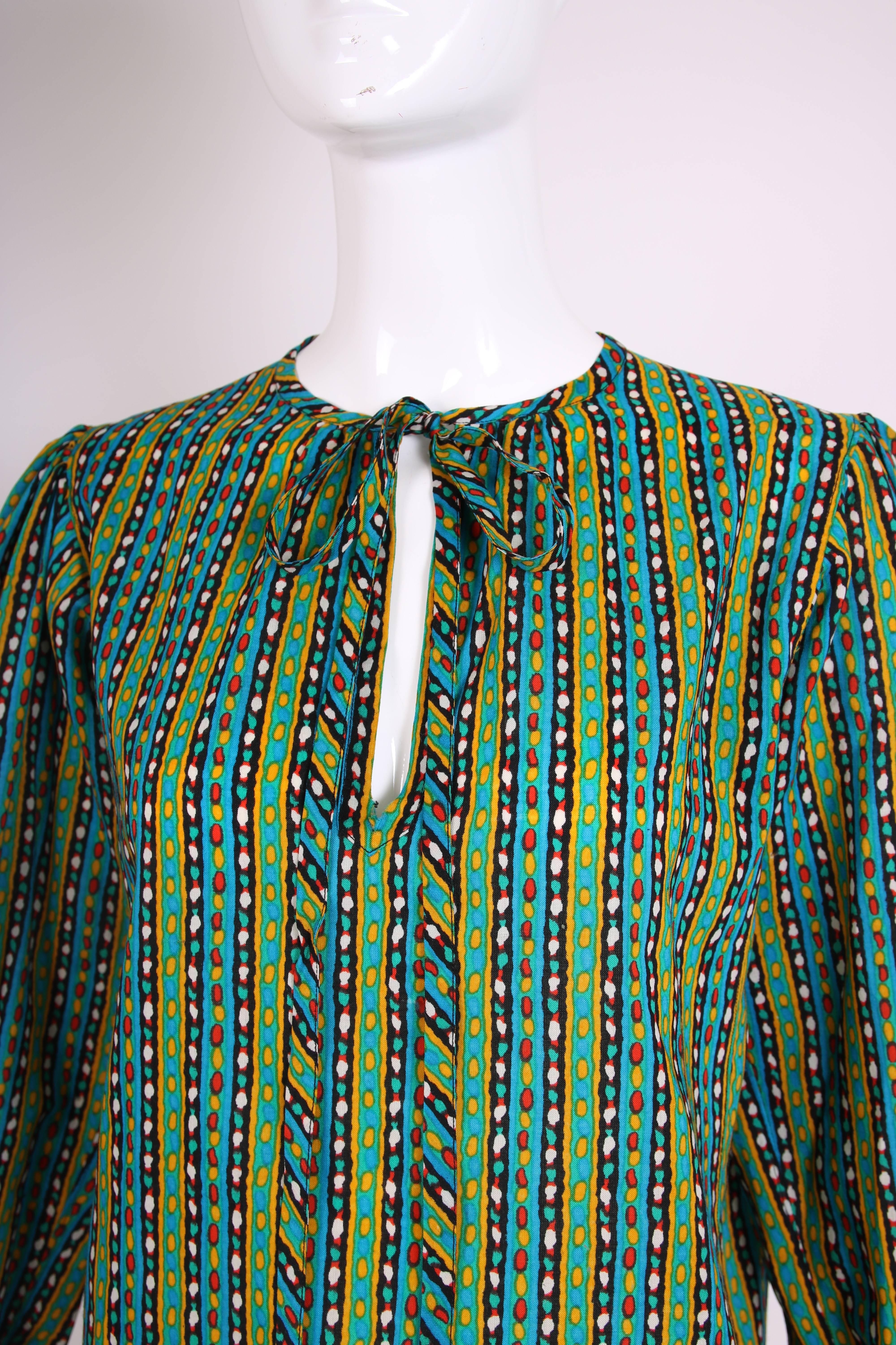 Women's 1970's Yves Saint Laurent Peasant Blouse w/Neck Ties & Print