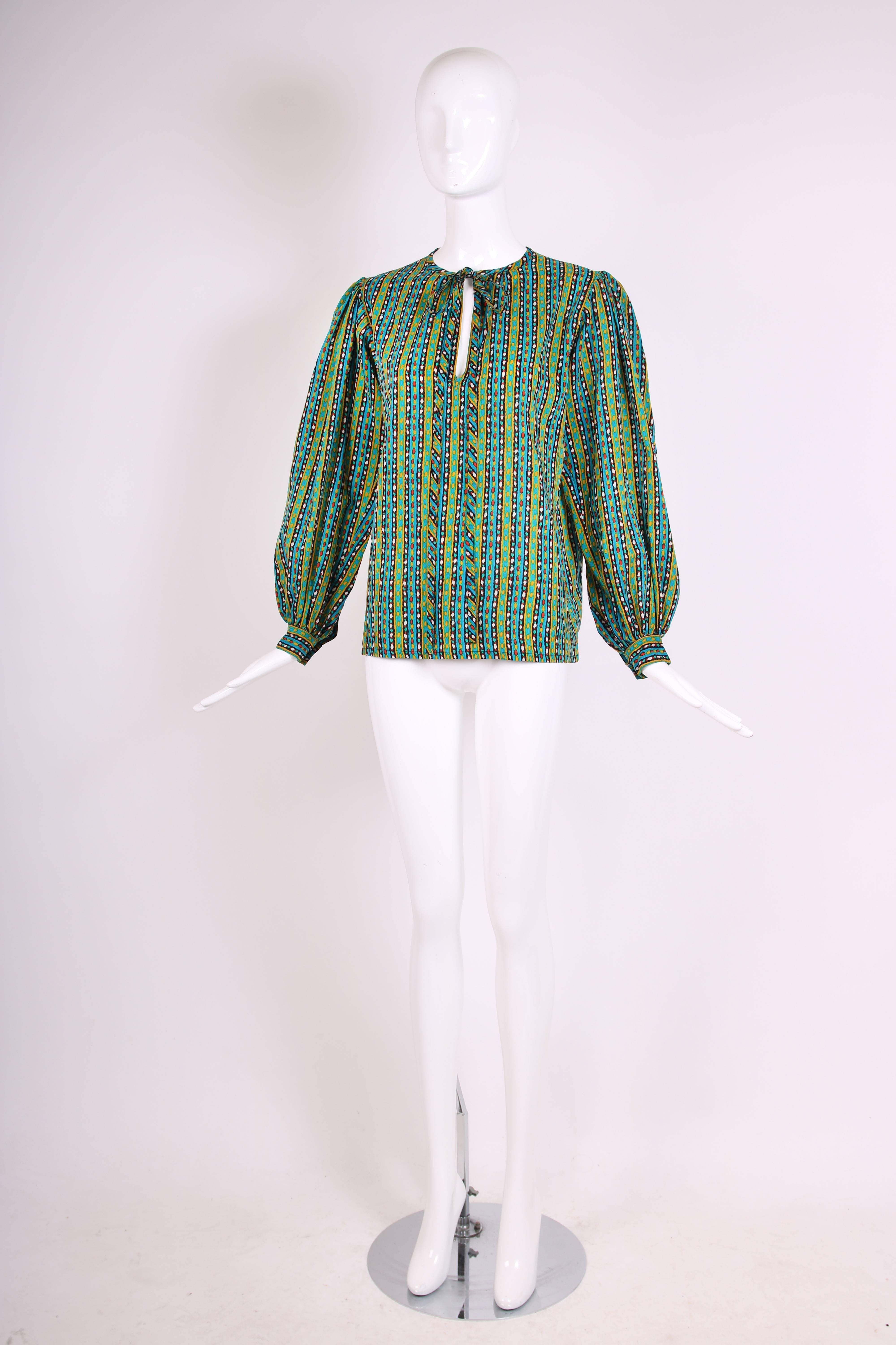 Blue 1970's Yves Saint Laurent Peasant Blouse w/Neck Ties & Print