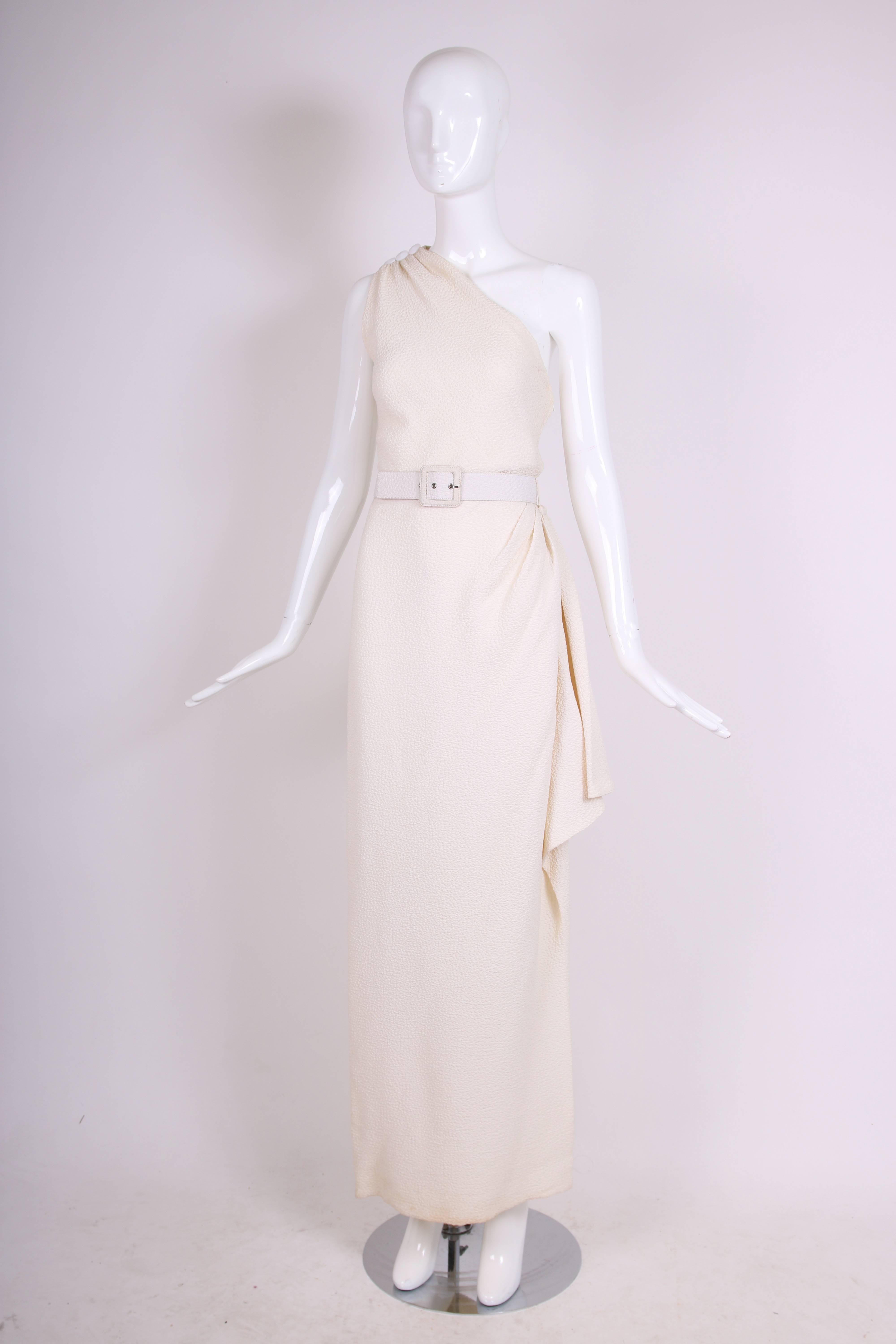 Gray Yves Saint Laurent Ivory Single Shoulder Evening Gown w/Thigh-High Slit & Belt
