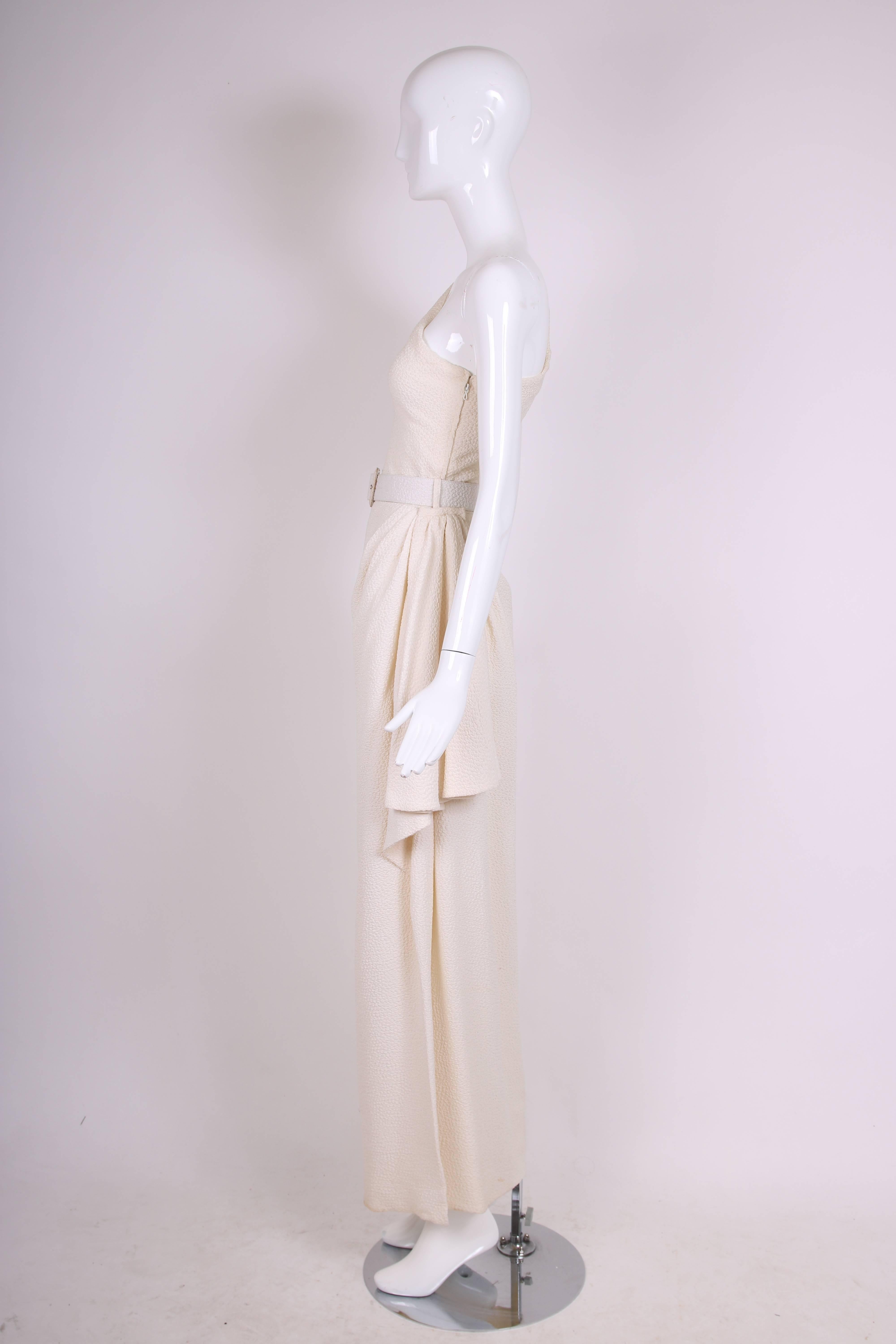 Yves Saint Laurent Ivory Single Shoulder Evening Gown w/Thigh-High Slit & Belt In Good Condition In Studio City, CA