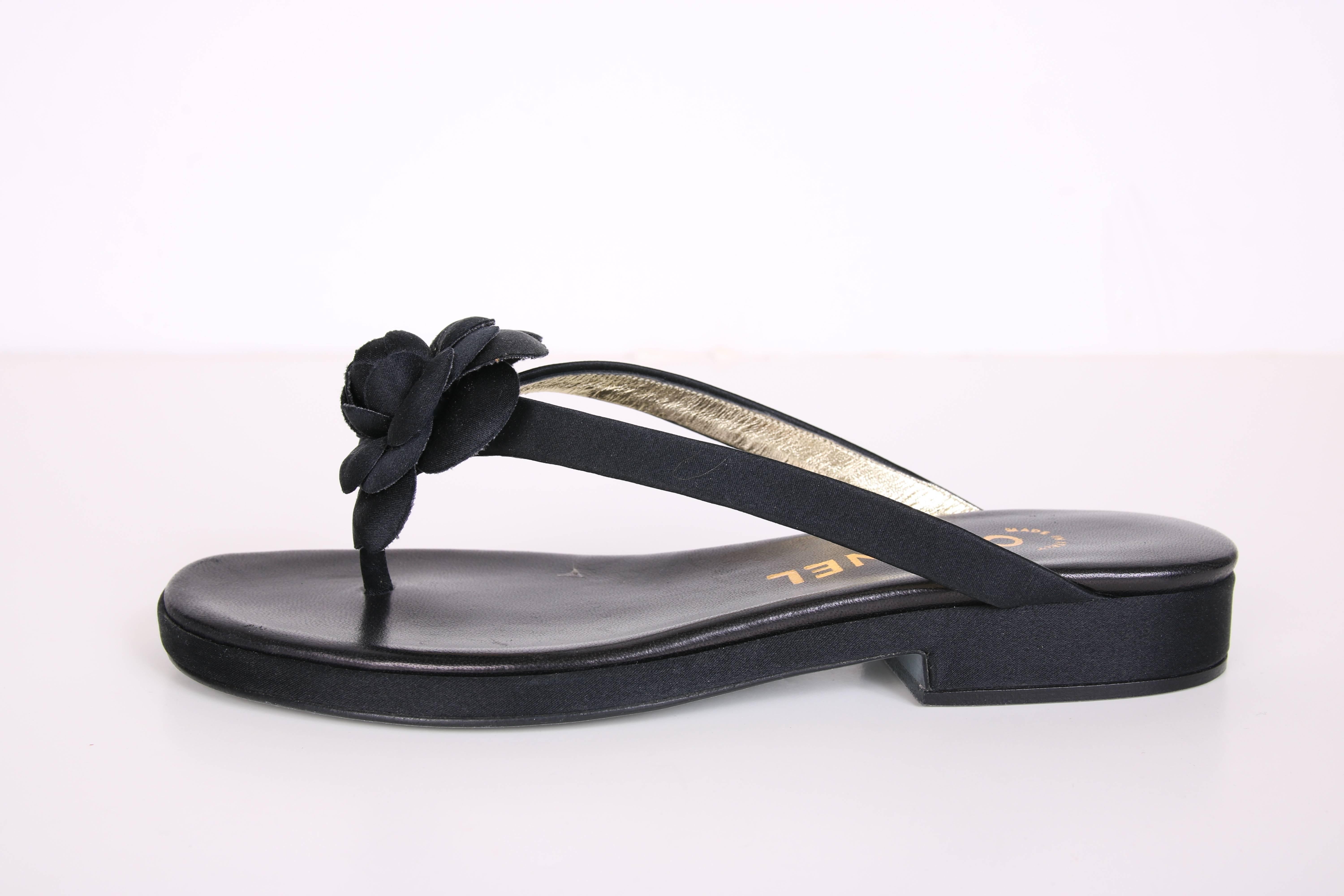 Women's 1998 Chanel Black Satin & Leather Sandals Shoes w/Satin Camellia NBW