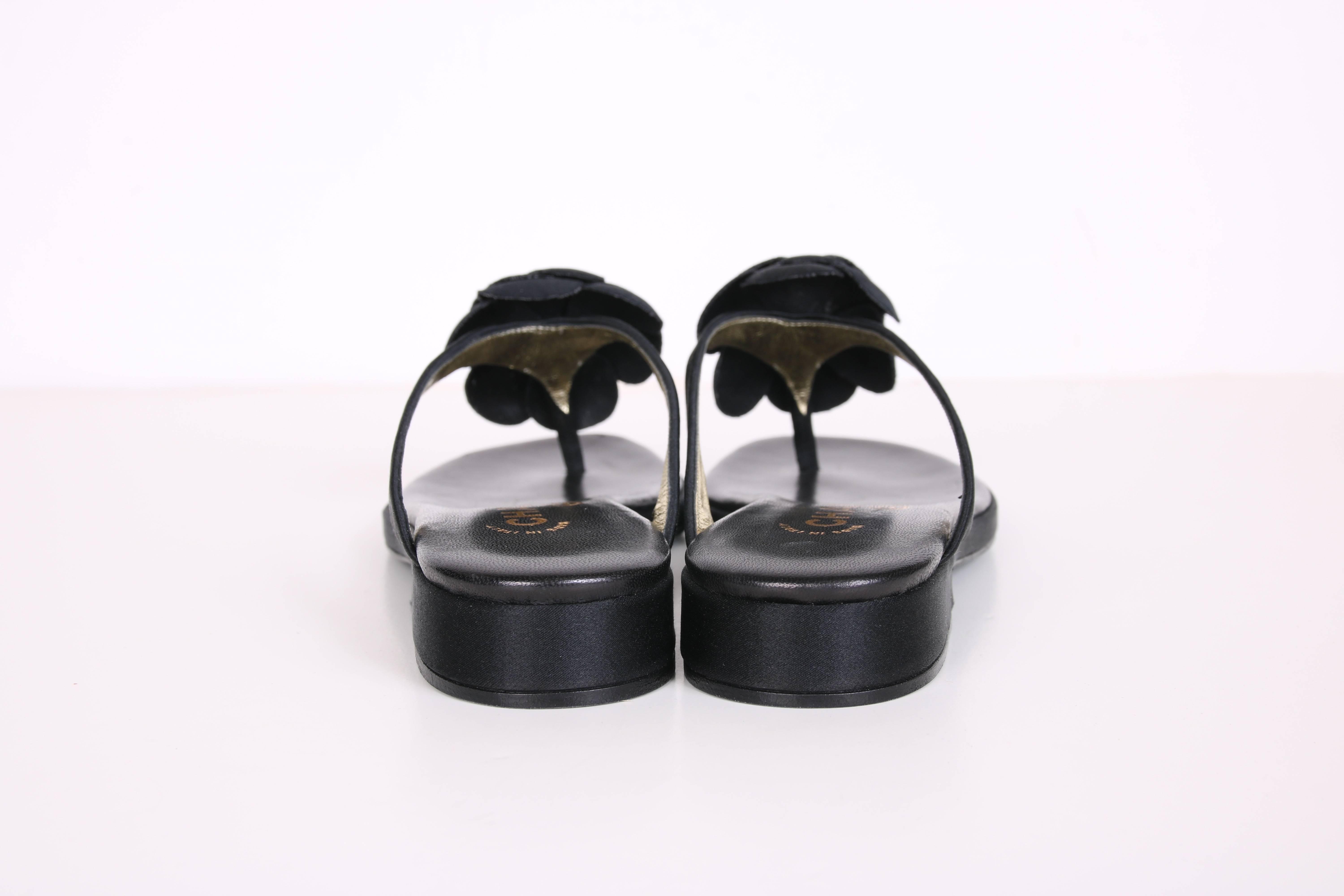 1998 Chanel Black Satin & Leather Sandals Shoes w/Satin Camellia NBW 2