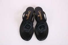 1998 Chanel Black Satin & Leather Sandals Shoes w/Satin Camellia NBW
