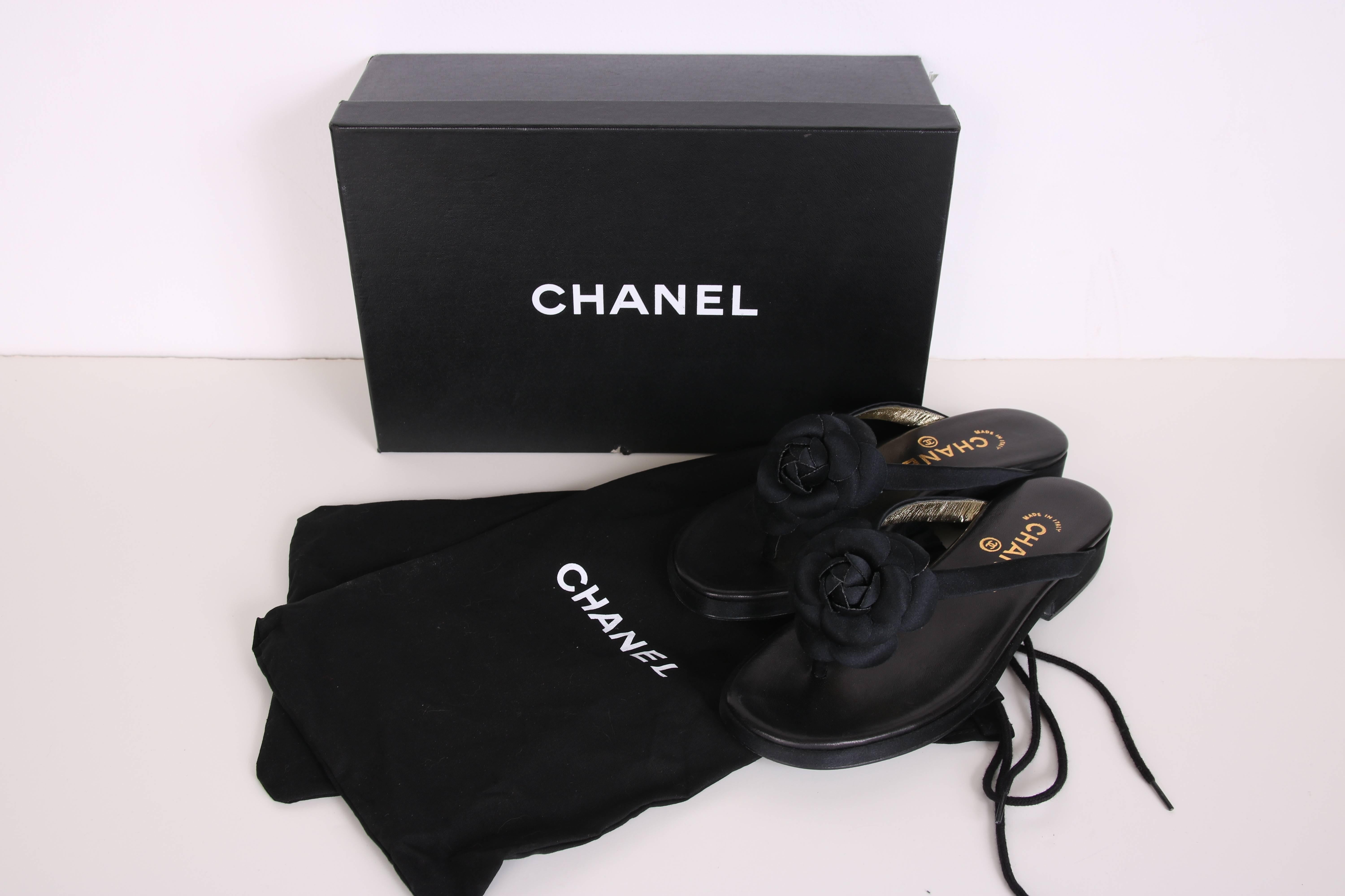 1998 Chanel Black Satin & Leather Sandals Shoes w/Satin Camellia NBW 3