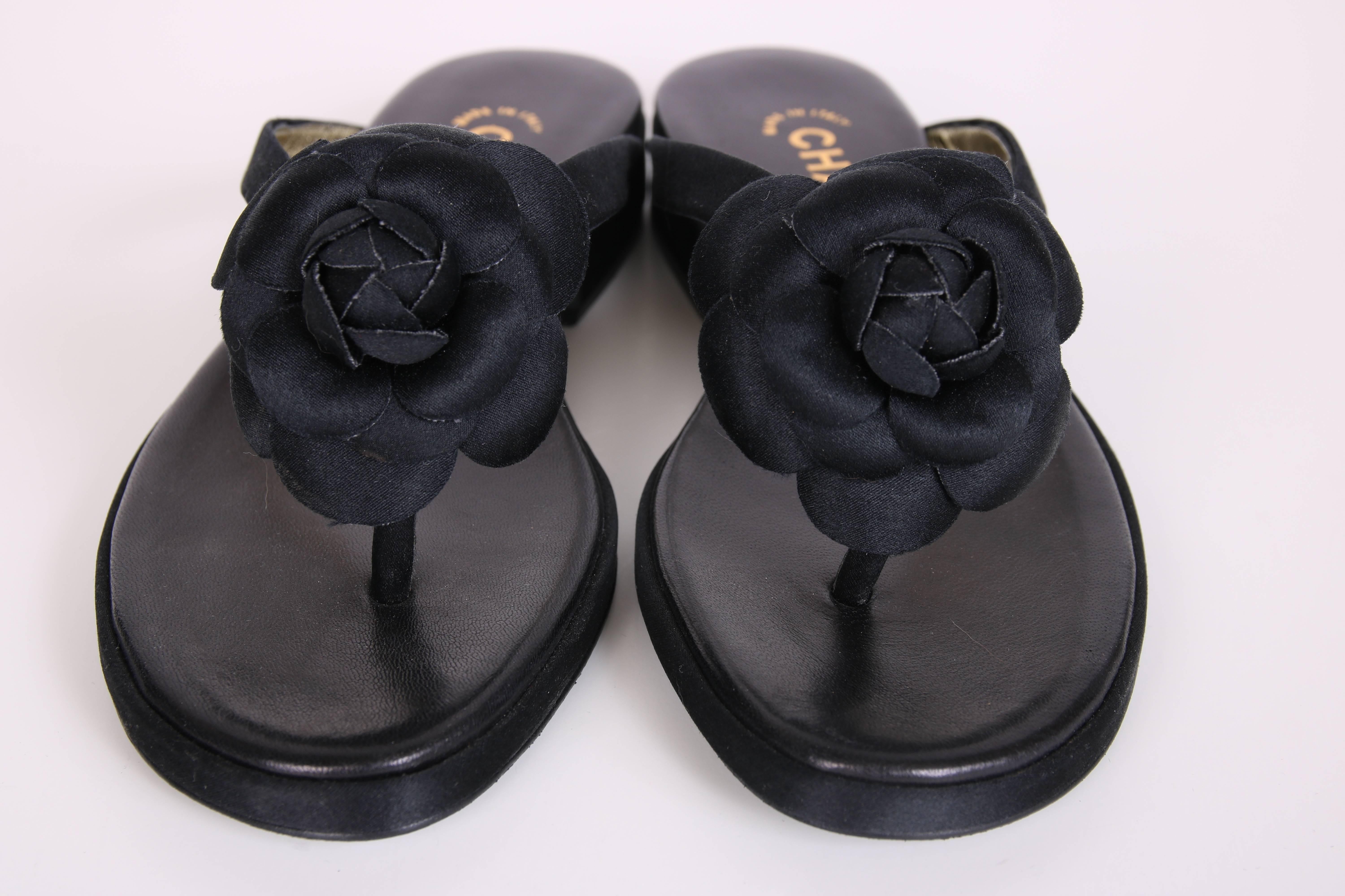 1998 Chanel Black Satin & Leather Sandals Shoes w/Satin Camellia NBW 1