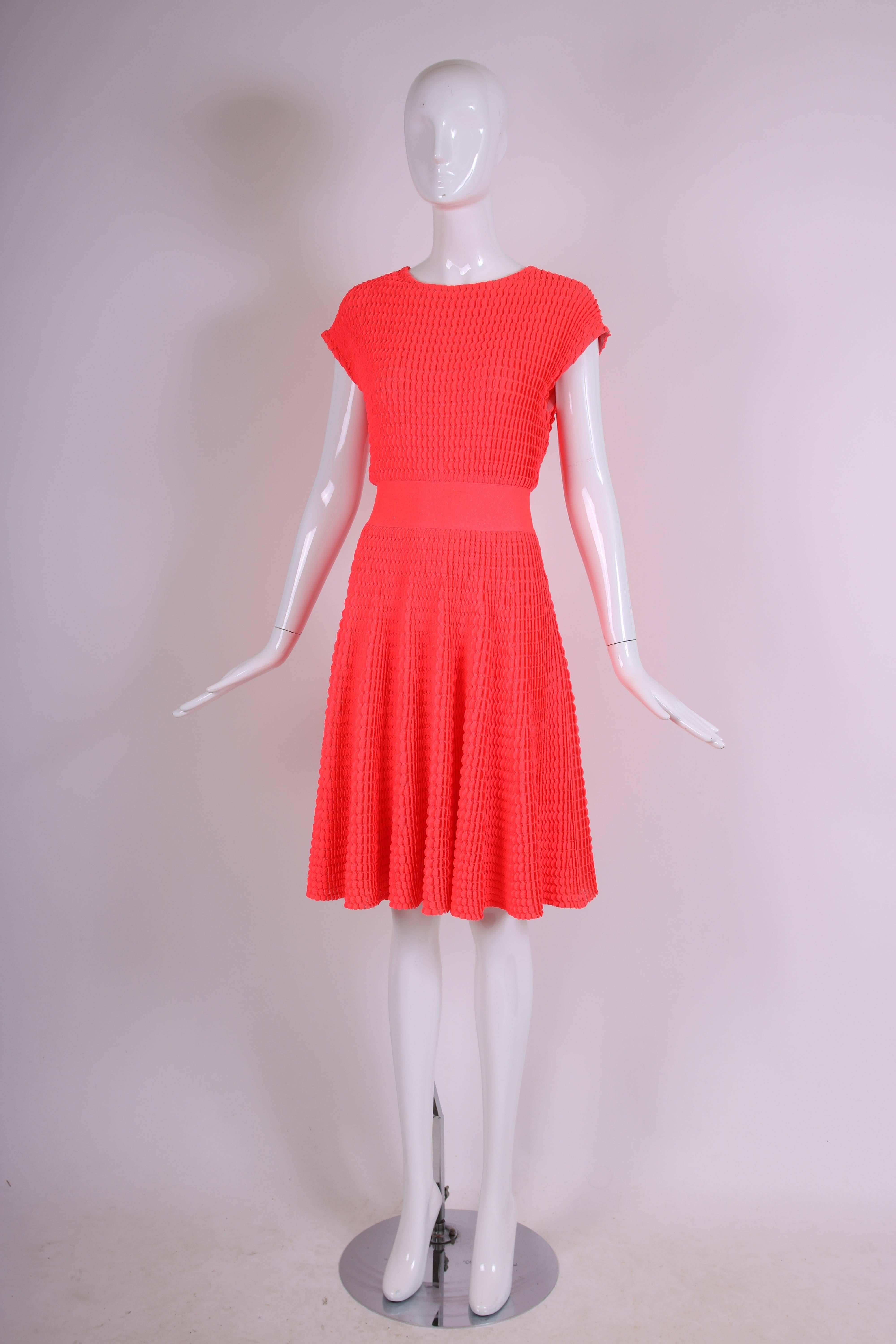 2013 Christian Dior by Raf Simons Neon Pink Textured Stretch Cocktail Day Dress In Excellent Condition In Studio City, CA