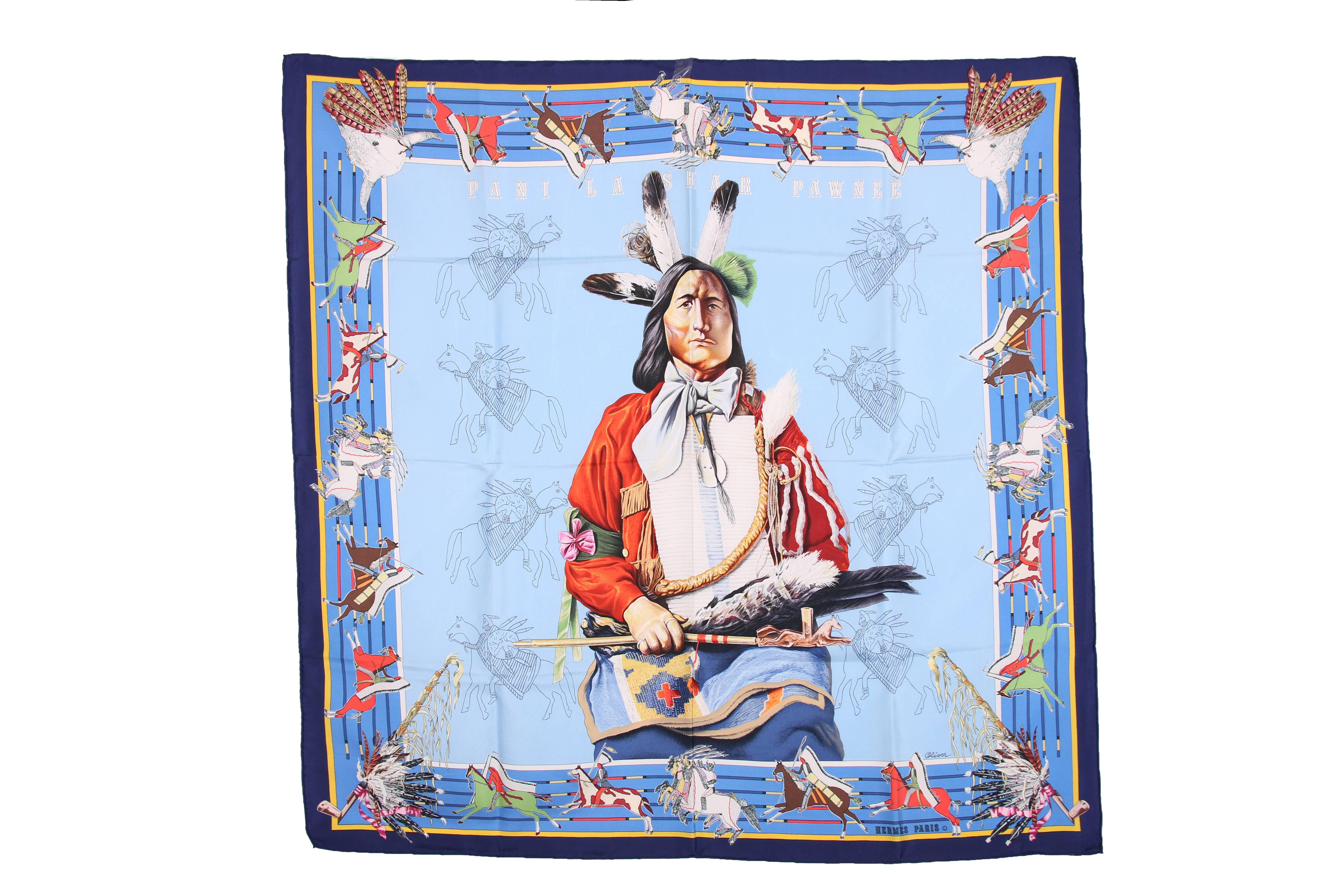 Hermes "Pani La Shar Pawnee" 35x35" (90cmx90cm) blue colorway 100% silk scarf designed by Kermit Oliver circa 1984. In mint condition - signed and has all authentic tags.
MEASUREMENTS:
35" x 35"