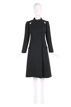 1970's Pauline Trigere Black Wool Coat w/Rhinestone Buttons