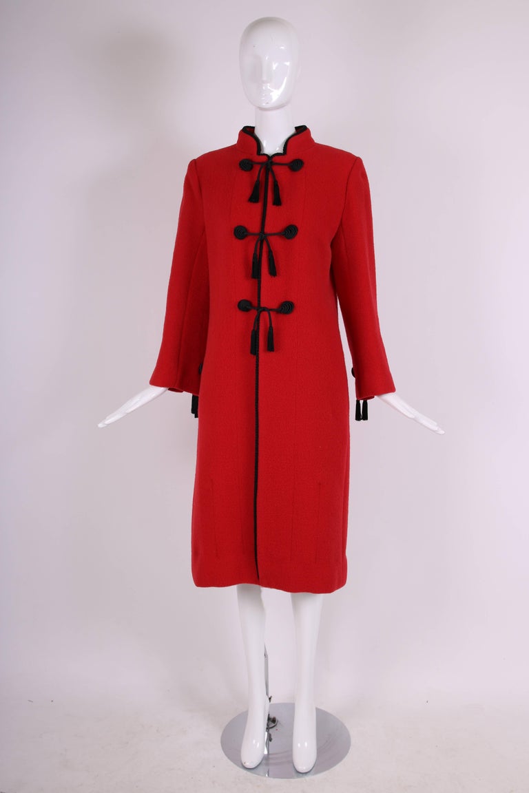 1970s Chanel Red Wool Coat w/Black Silk Cord and Tassel Ties For Sale ...