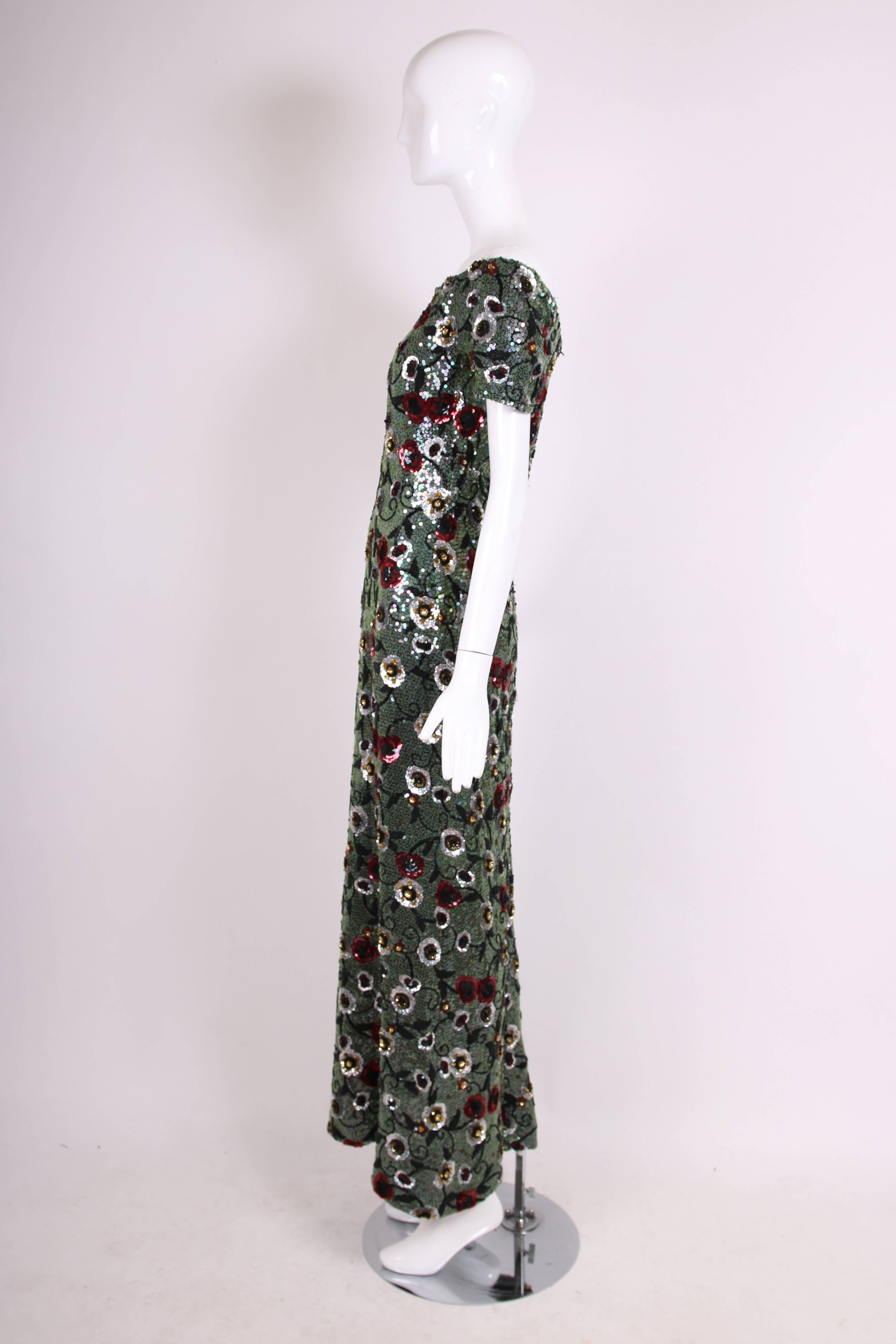 Arnold Scaasi Couture Floral Beaded and Sequined Evening Gown In Excellent Condition In Studio City, CA