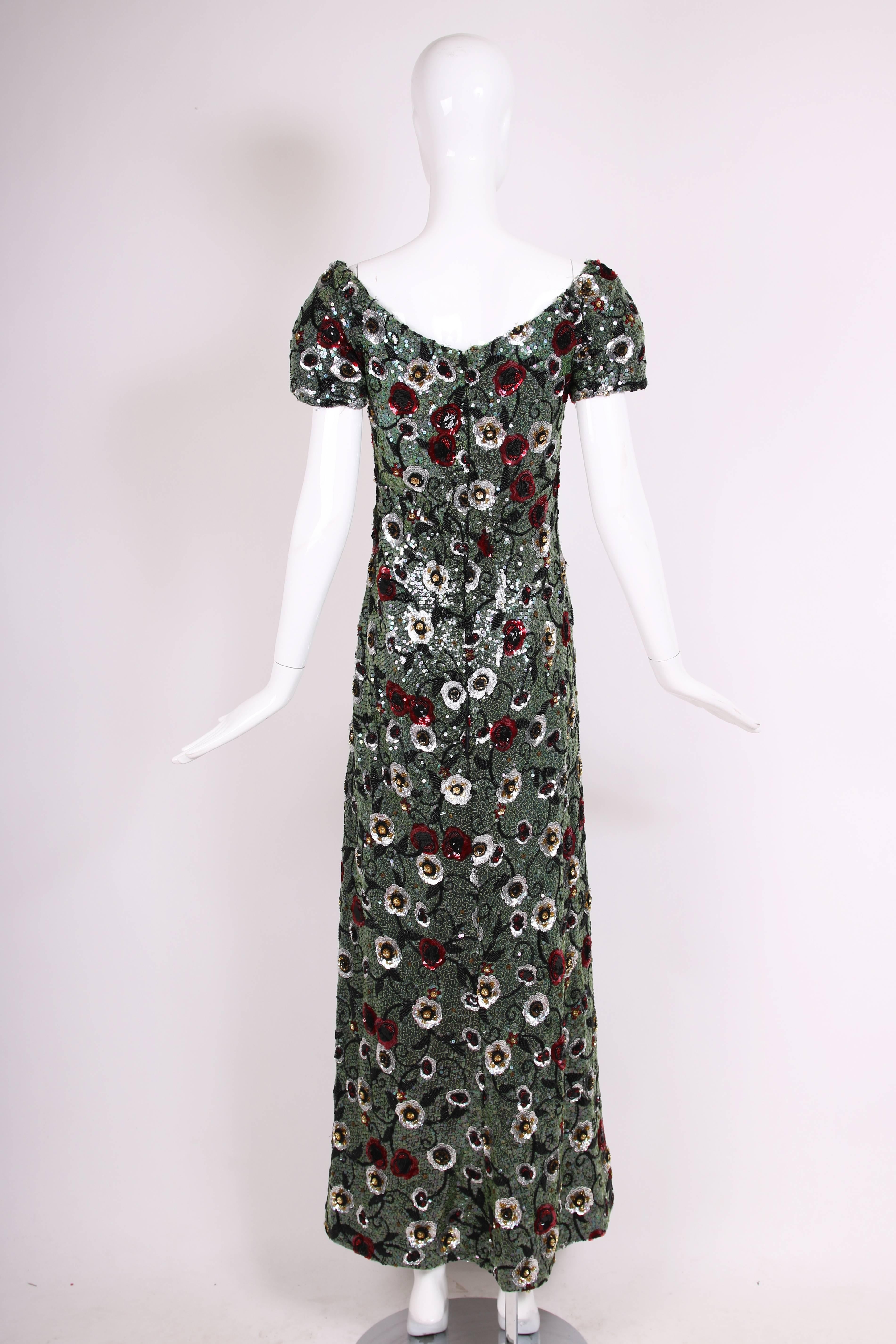 Women's Arnold Scaasi Couture Floral Beaded and Sequined Evening Gown