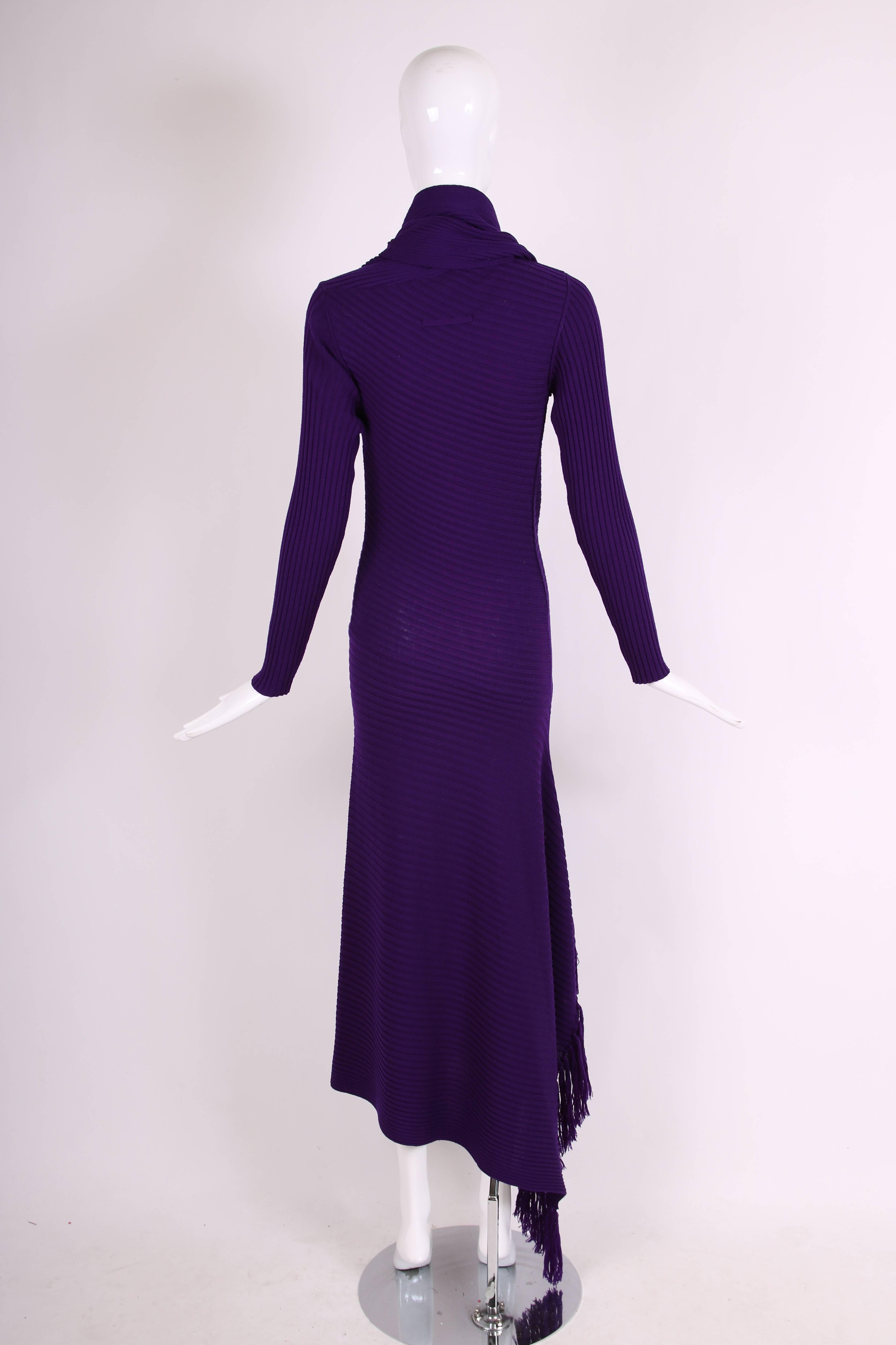Jean Paul Gaultier Deep Purple Bodycon Dress with Fringed Scarf and Side Slit In Excellent Condition For Sale In Studio City, CA