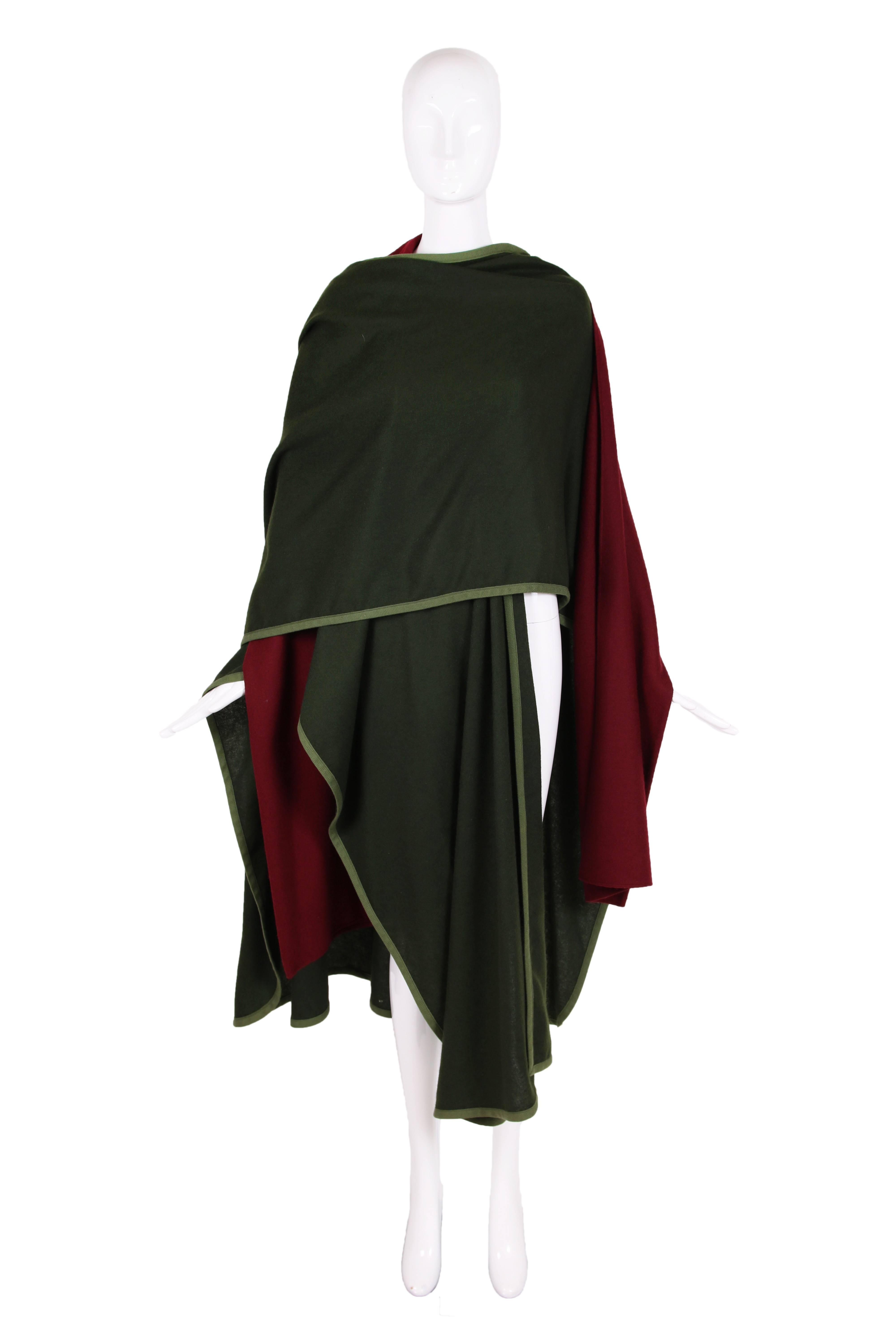1970's Rare Yves Saint Laurent YSL Green & Burgundy Wool Cape w/Woven Trim In Excellent Condition In Studio City, CA