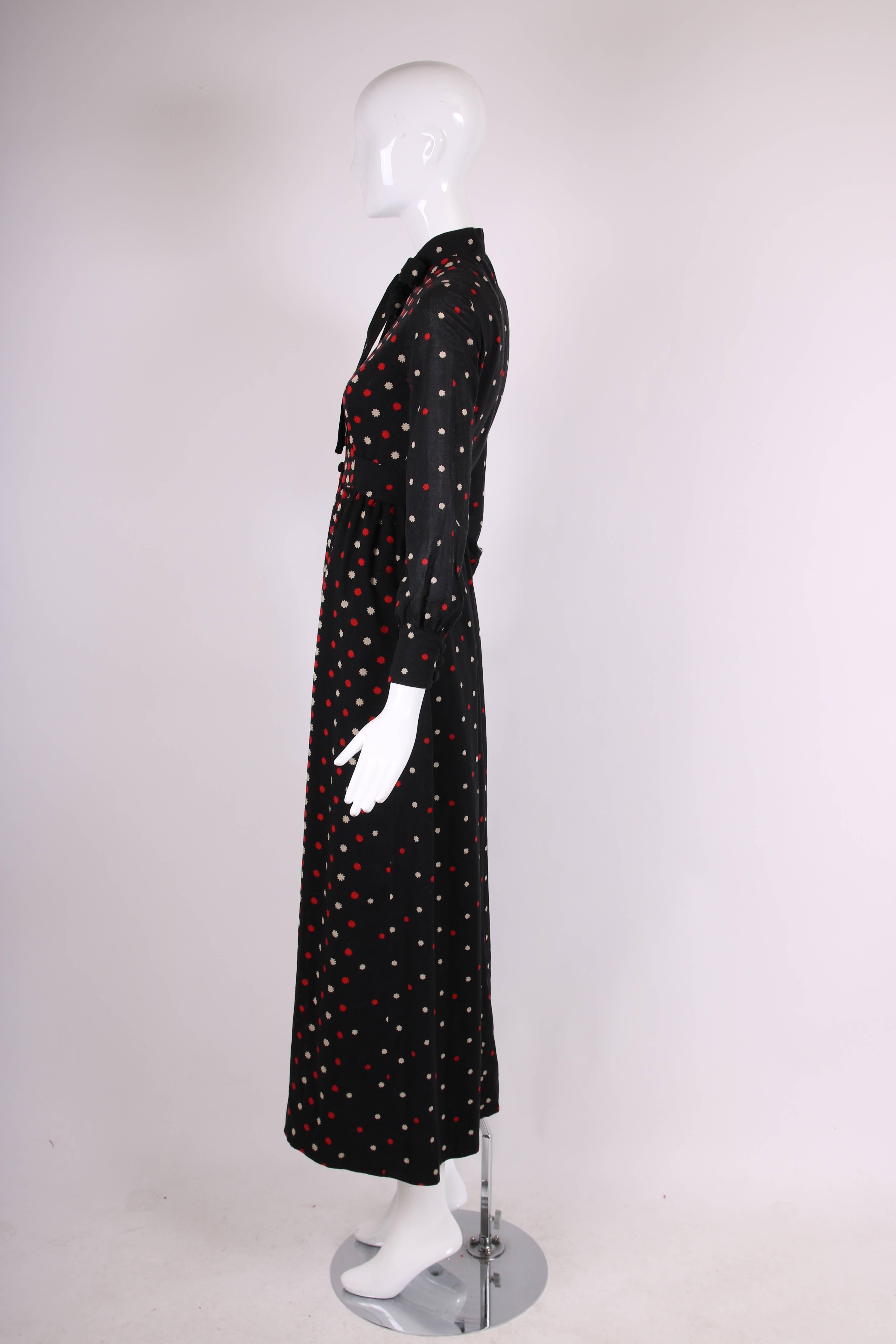 Black Geoffrey Beene Printed Maxi Dress with Neck Ties, 1970s 