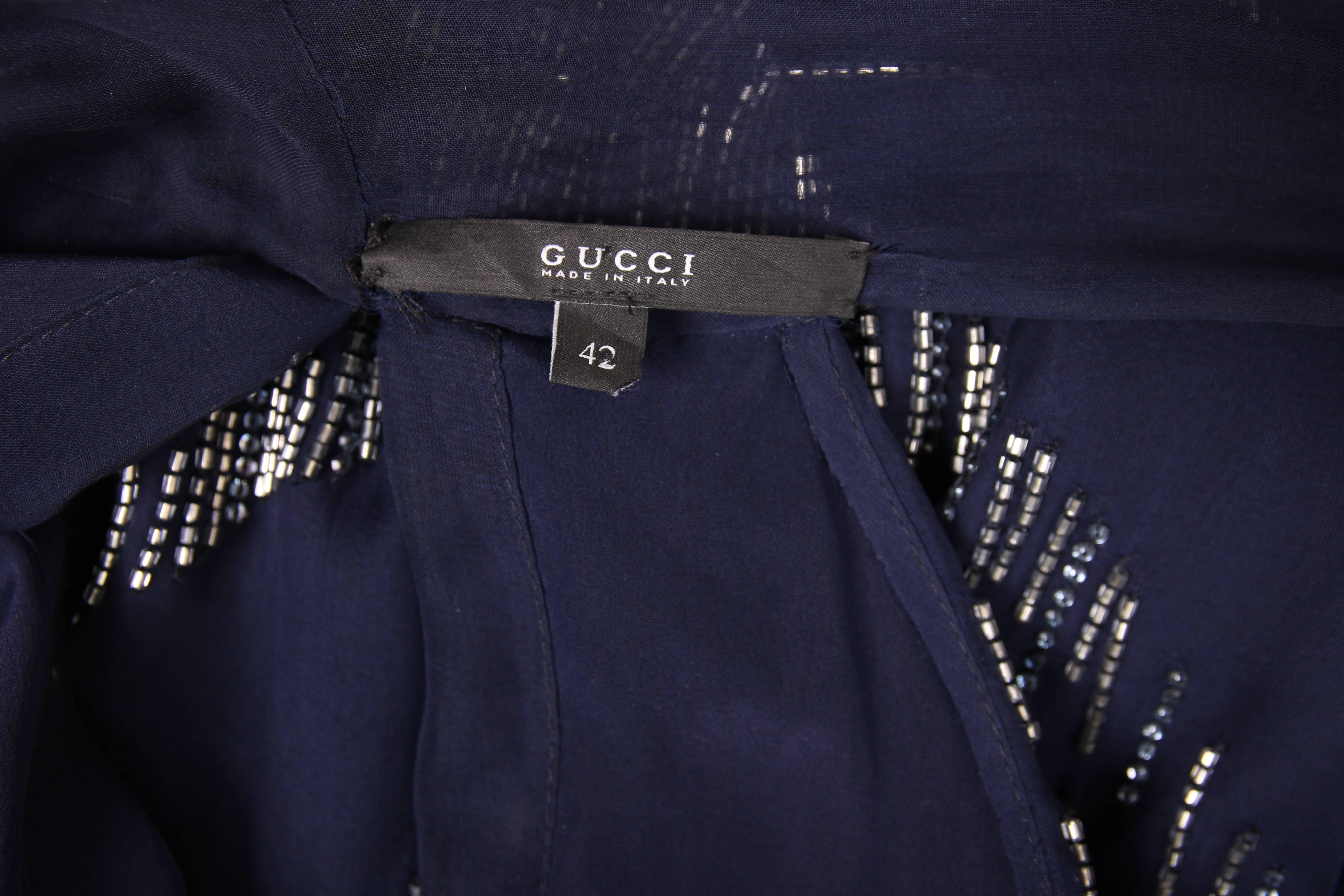 2006 Gucci Navy & Silver Beaded Cocktail Dress w/Dramatic Neck Ties In Excellent Condition For Sale In Studio City, CA