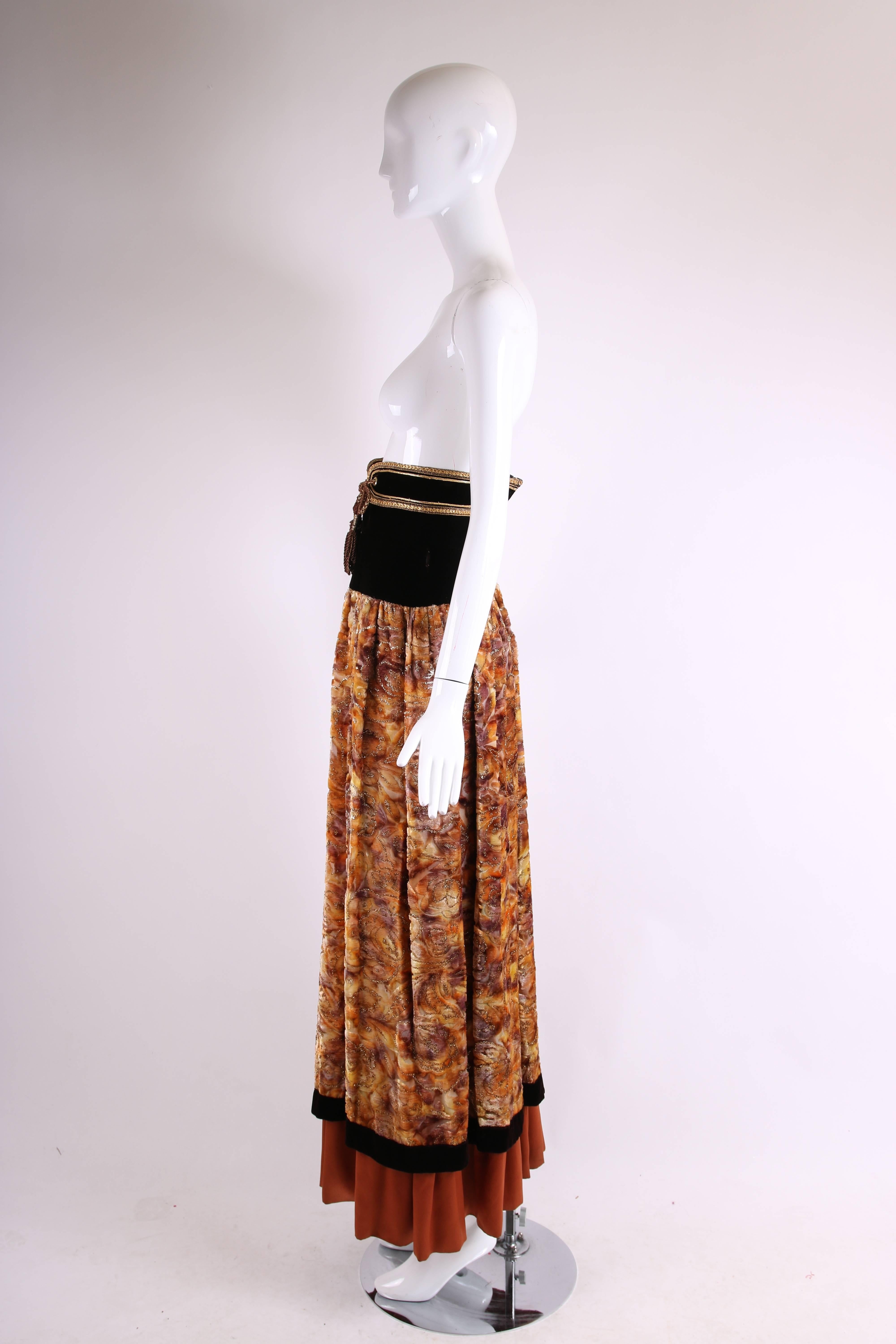 Brown Unlabeled YSL-Inspired Velvet Burnout Maxi Skirt w/Gold Metallic Trim & Cord For Sale