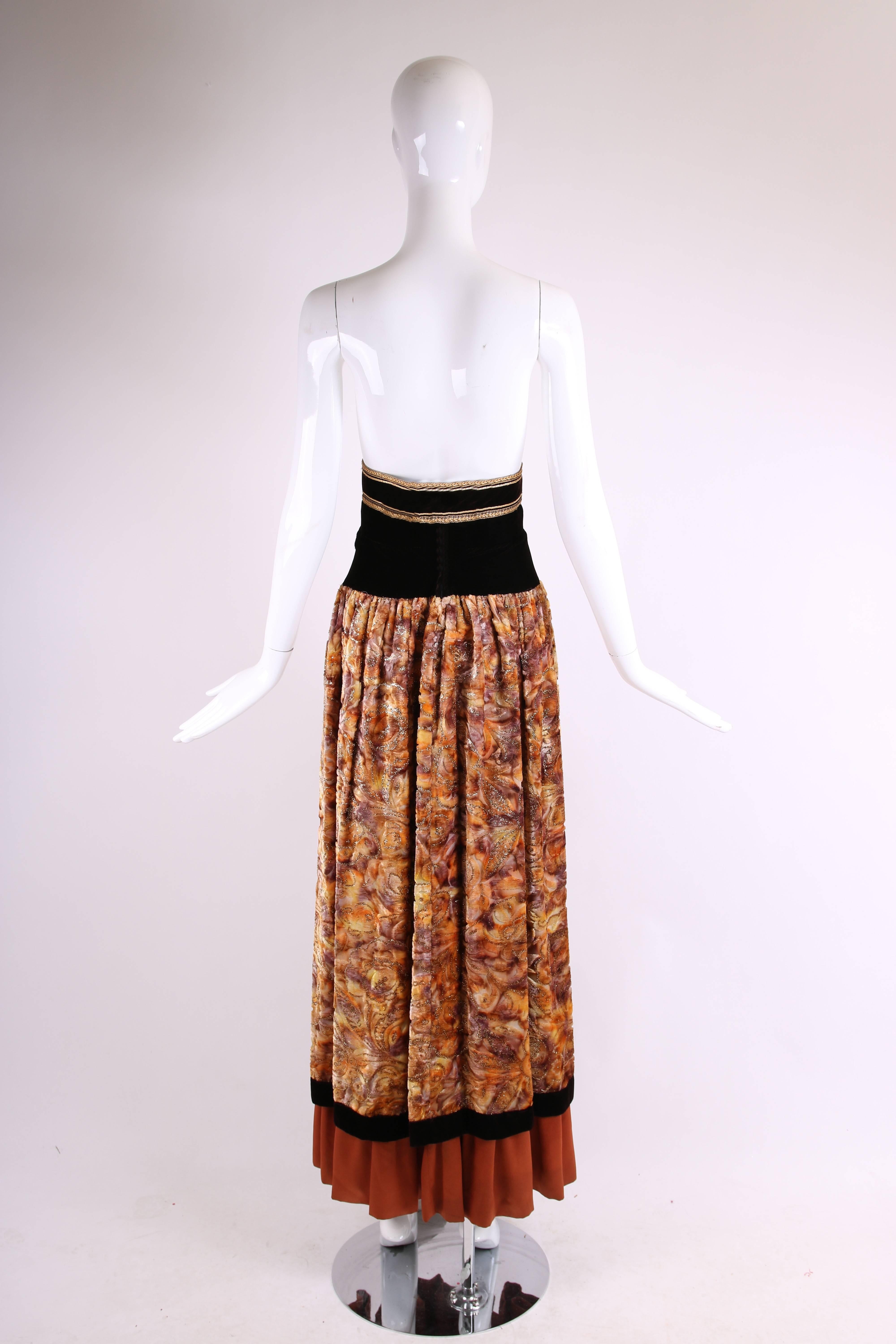 Unlabeled YSL-Inspired Velvet Burnout Maxi Skirt w/Gold Metallic Trim & Cord In Good Condition For Sale In Studio City, CA