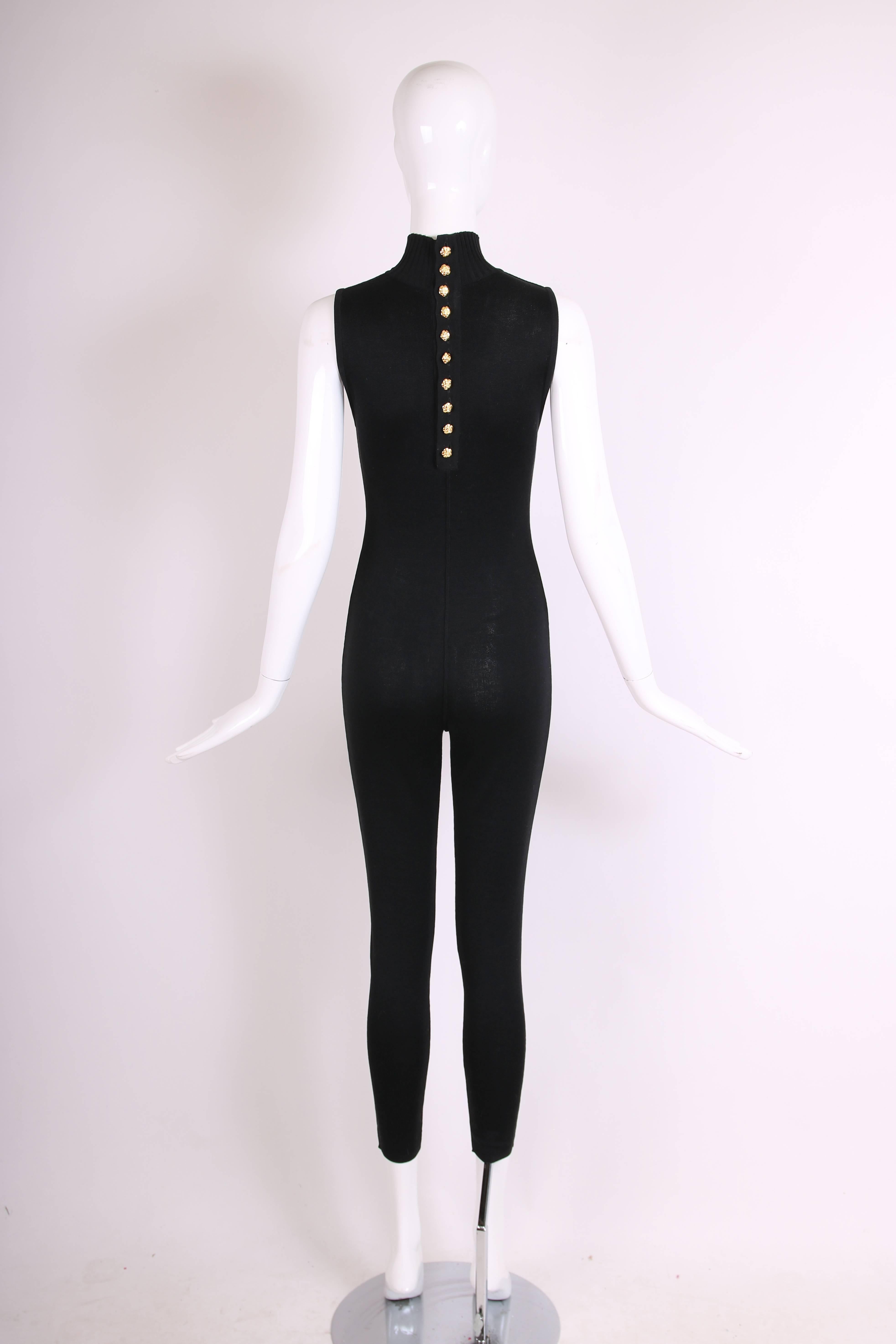 Chanel Black Knit Cat Suit Jump Suit with Goldtone Camellia Buttons  In Excellent Condition In Studio City, CA