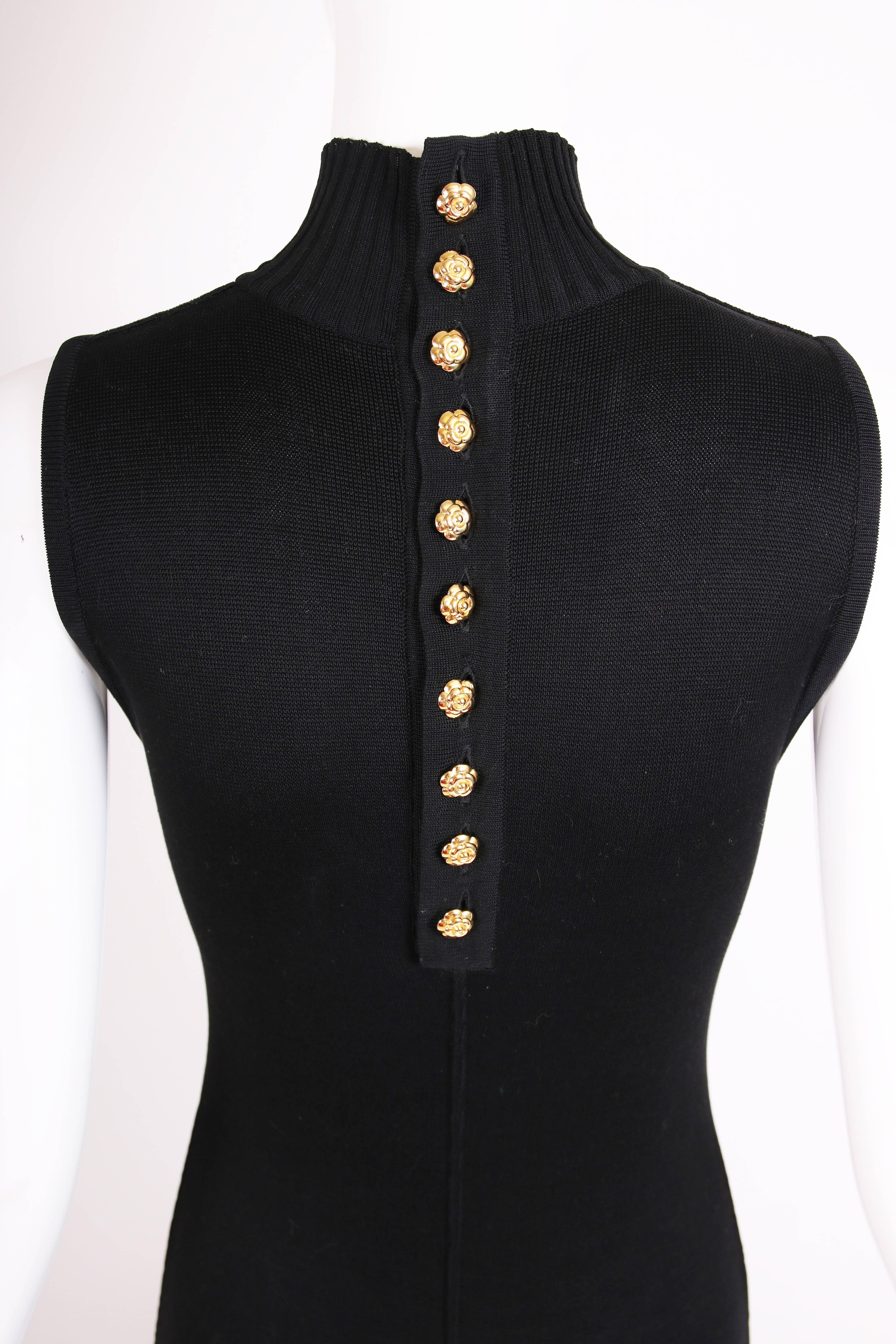 Women's Chanel Black Knit Cat Suit Jump Suit with Goldtone Camellia Buttons 