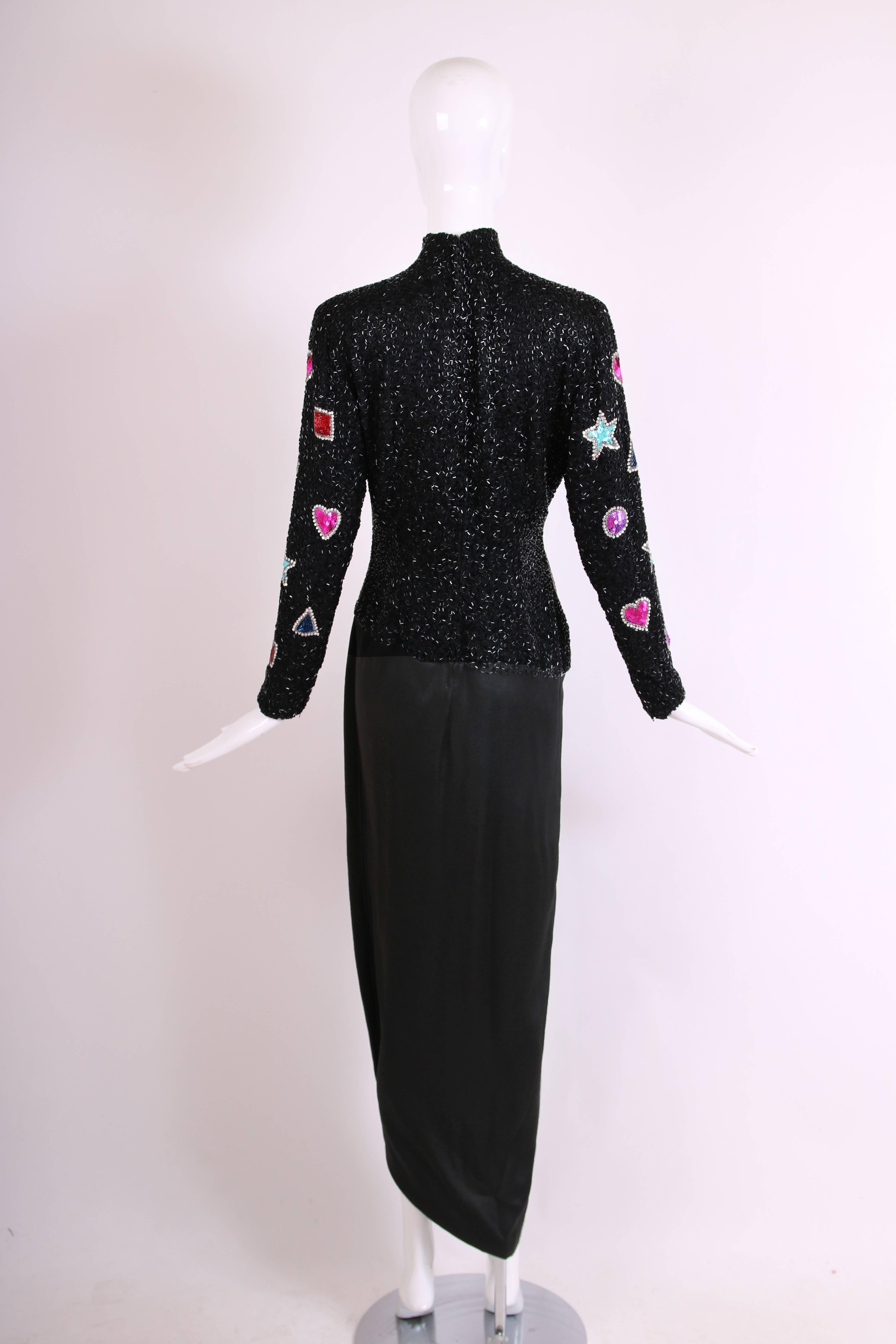 Women's Bob Mackie Beaded & Sequined Evening Gown w/Black Silk Satin Draped Skirt