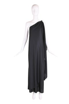 1979 Halston Black Single Shoulder Draped Dorian Gown Dress