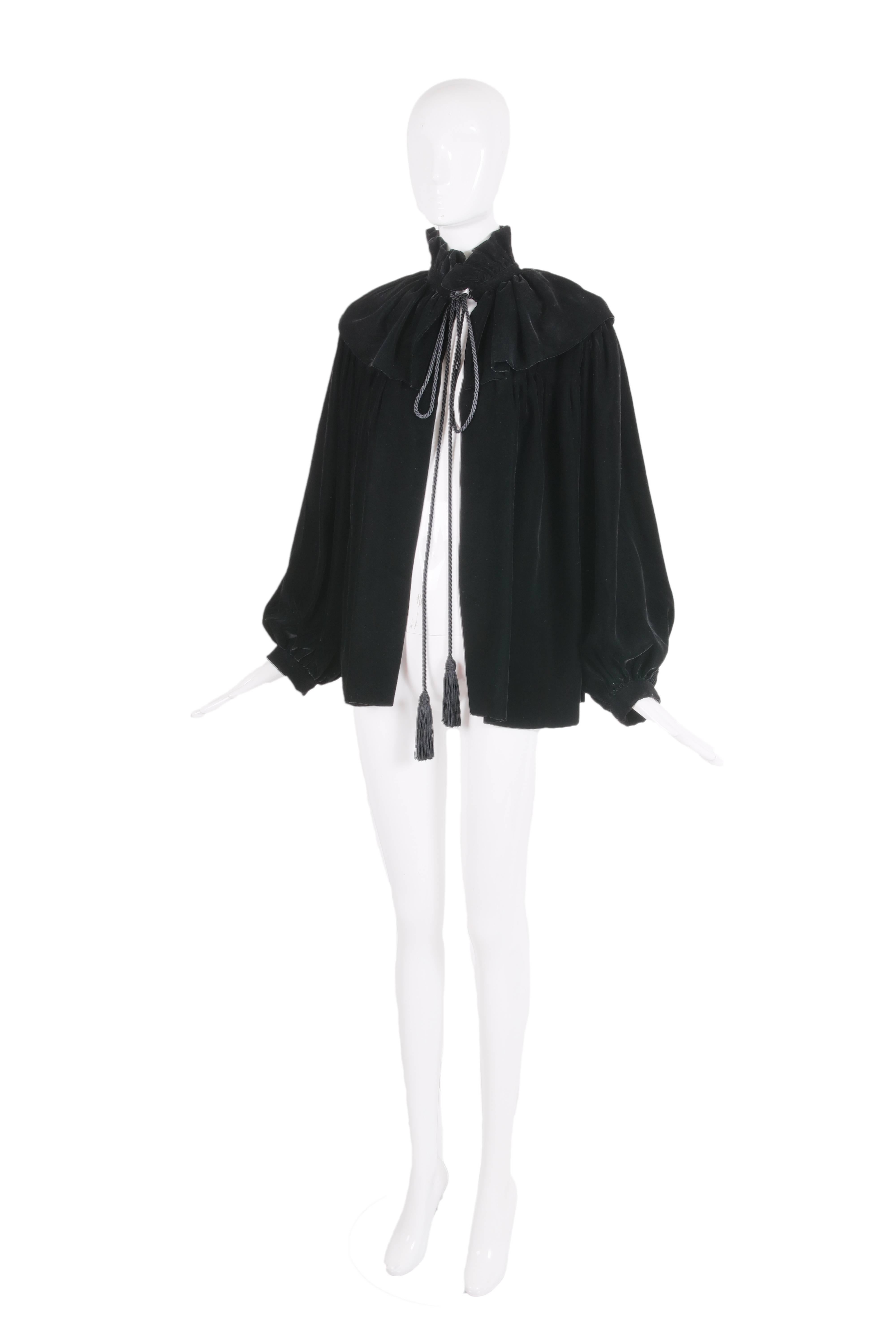 1970's Yves Saint Laurent Russian collection black velvet jacket with Pierrot collar and black silk cord neck ties. In excellent condition - size tag 40.